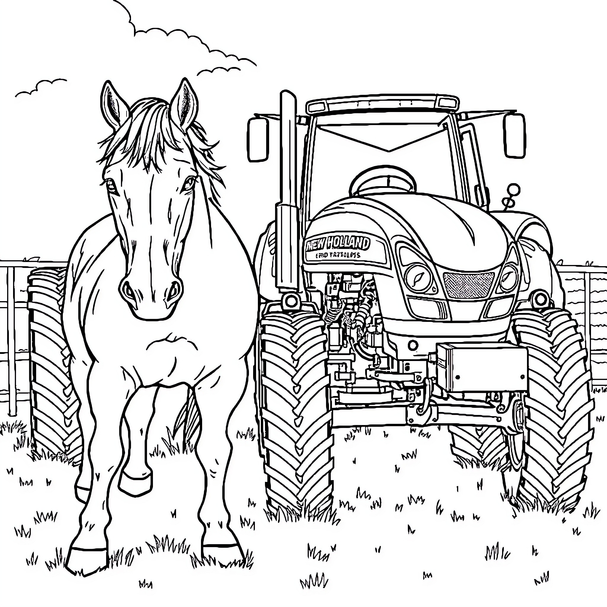 Horse standing next to a farm tractor in the field Coloring Page (free black-and-white line drawing printable PDF for all, from beginners to advanced learners, including children, teens, adults, and seniors)