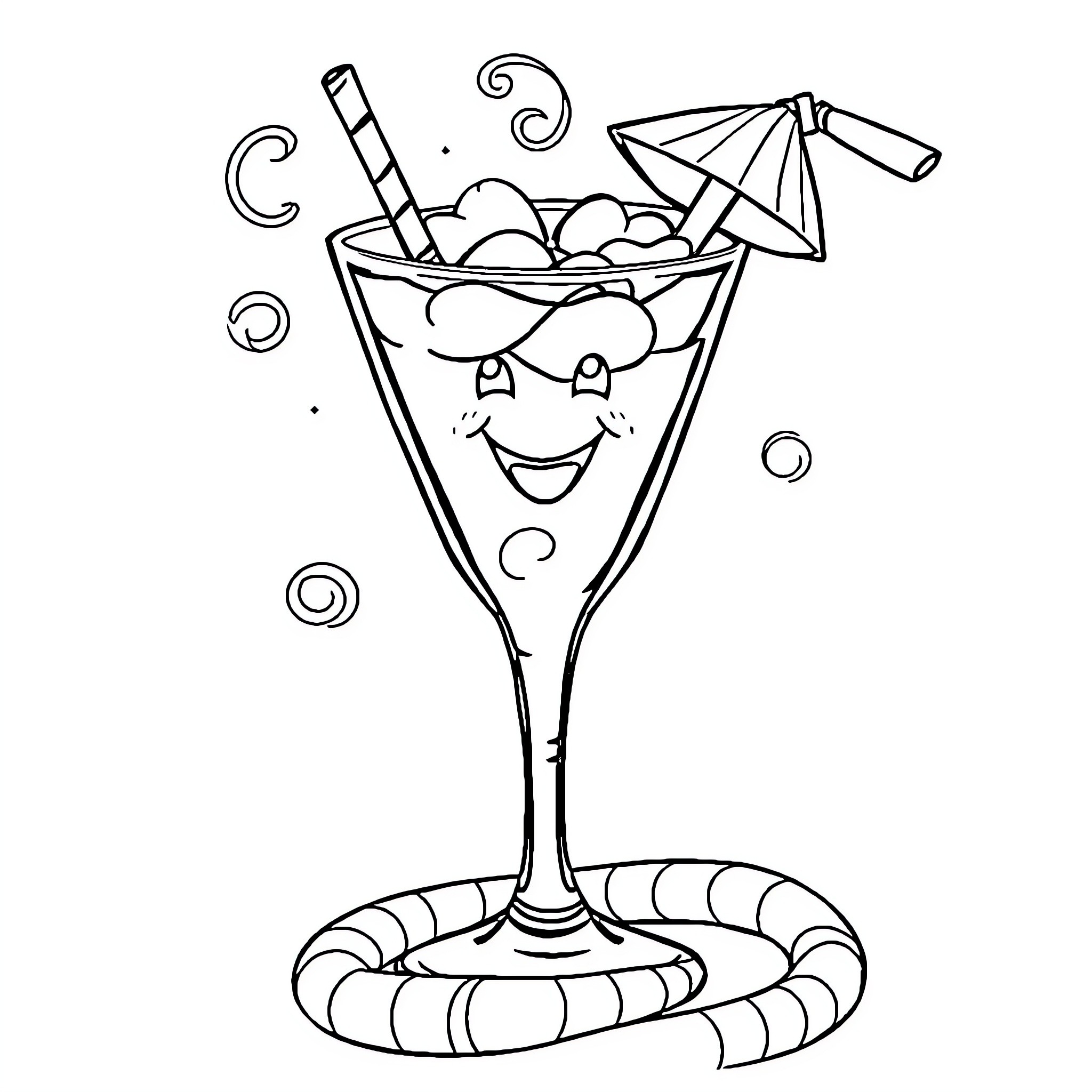 Cocktail with fun expression and accessories Coloring Page (free black-and-white line drawing printable PDF for all, from beginners to advanced learners, including children, teens, adults, and seniors)