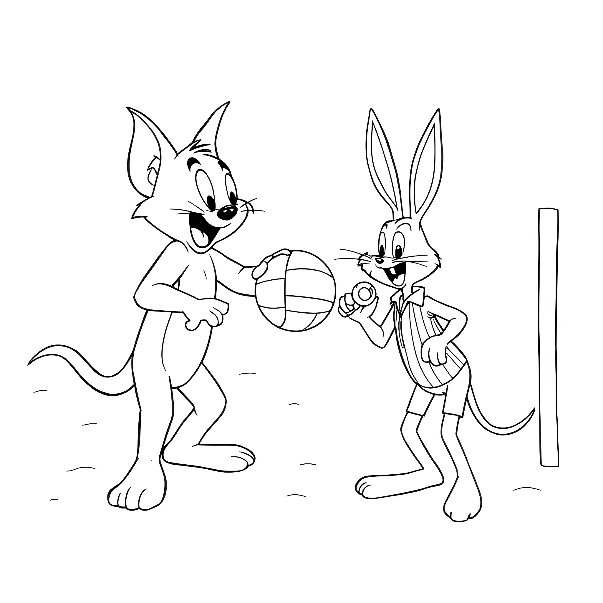 Tom and Jerry playing with a ball Coloring Page (free black-and-white line drawing printable PDF for all, from beginners to advanced learners, including children, teens, adults, and seniors)