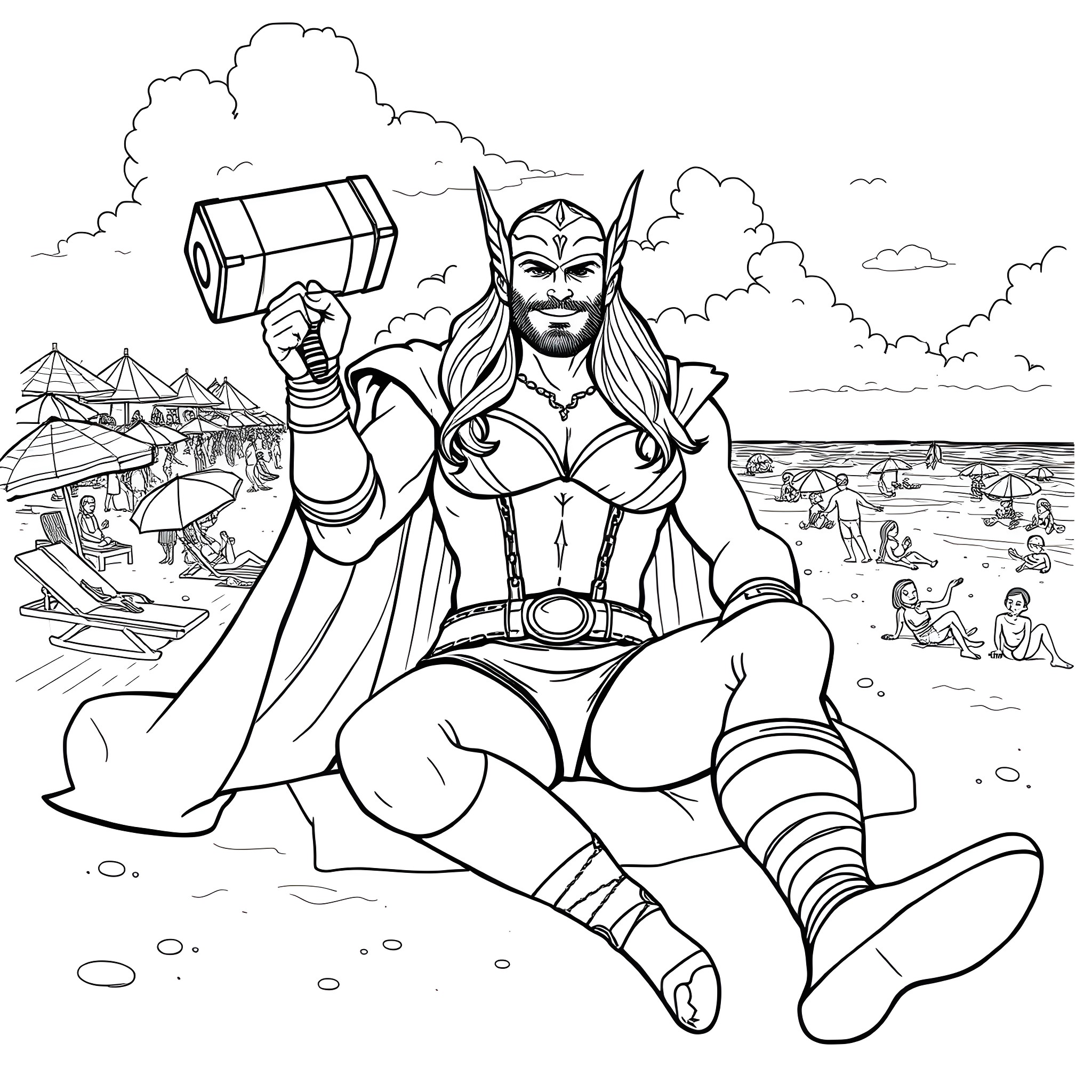 Thor wielding his mighty hammer on the beach Coloring Page (free black-and-white line drawing printable PDF for all, from beginners to advanced learners, including children, teens, adults, and seniors)