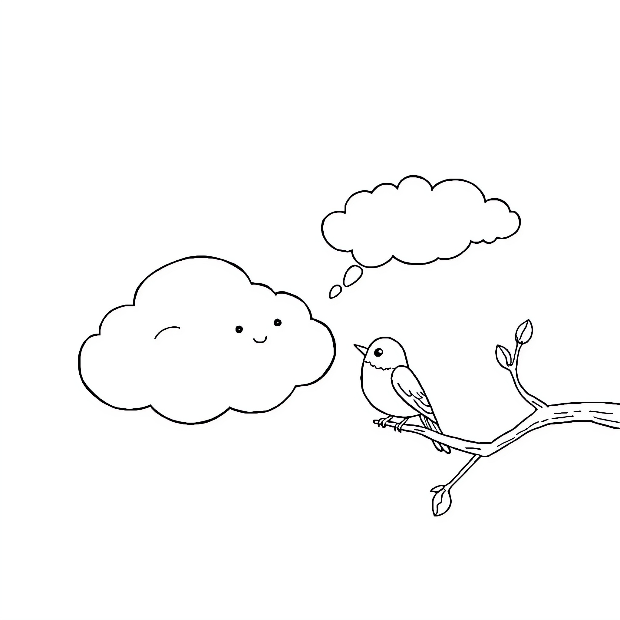 Cloud Friends Sharing Thoughts Coloring Page (free black-and-white line drawing printable PDF for all, from beginners to advanced learners, including children, teens, adults, and seniors)