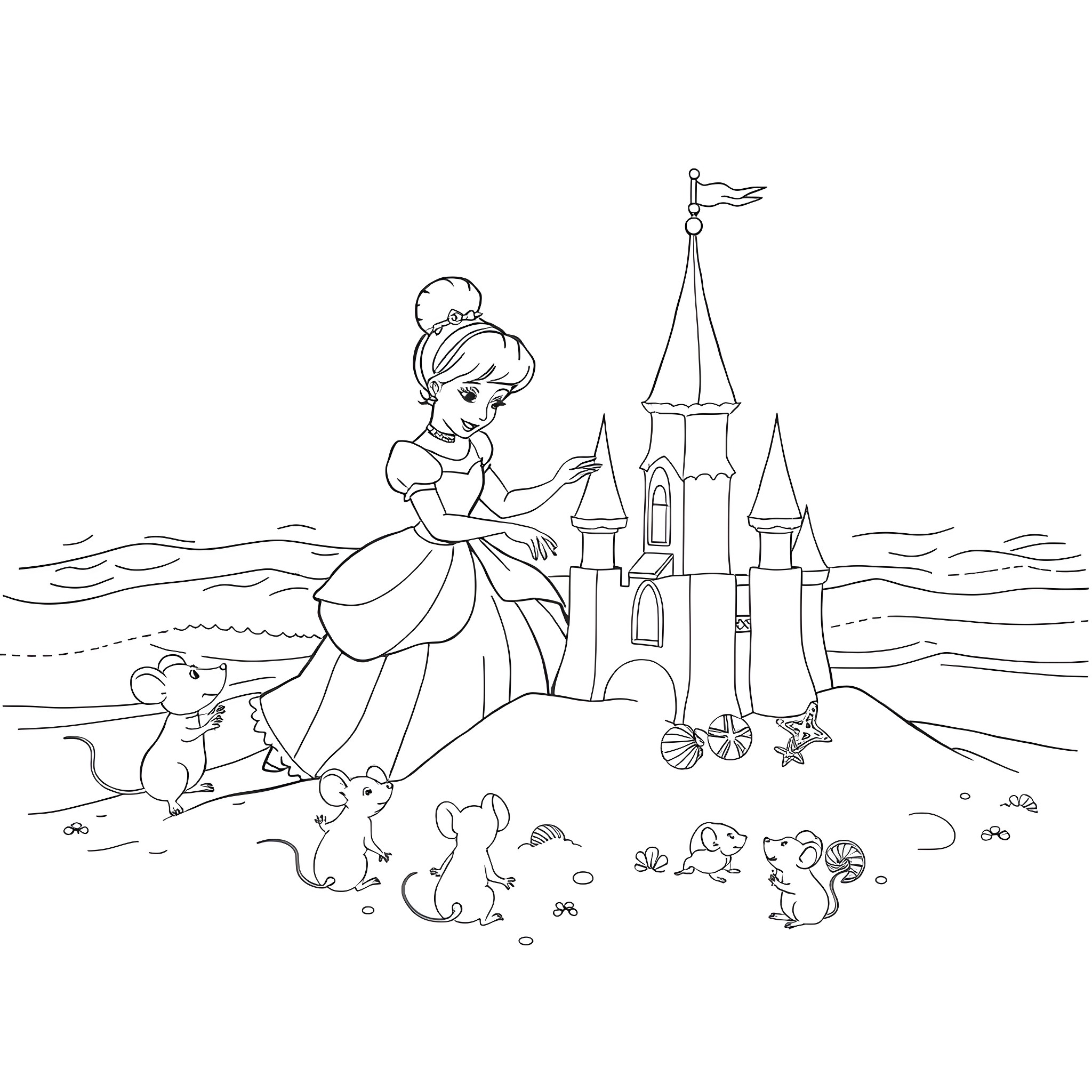 Cinderella and her animal friends in front of a castle Coloring Page (free black-and-white line drawing printable PDF for all, from beginners to advanced learners, including children, teens, adults, and seniors)