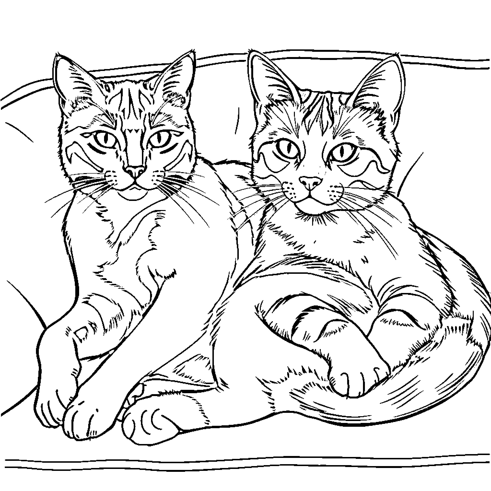 Cat Companions Resting Together Coloring Page (free black-and-white line drawing printable PDF for all, from beginners to advanced learners, including children, teens, adults, and seniors)