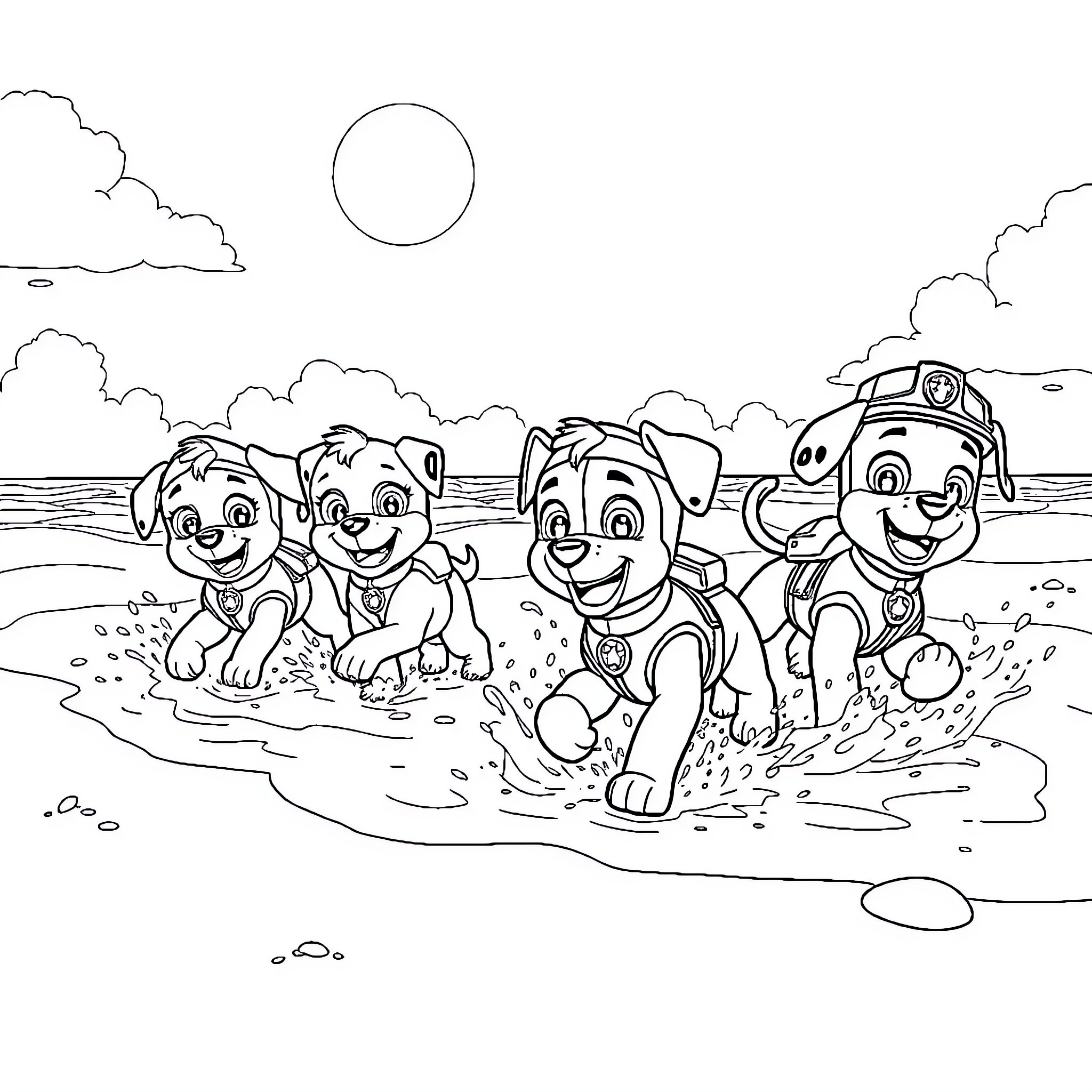 Paw Patrol puppies playing in the beach waves Coloring Page (free black-and-white line drawing printable PDF for all, from beginners to advanced learners, including children, teens, adults, and seniors)