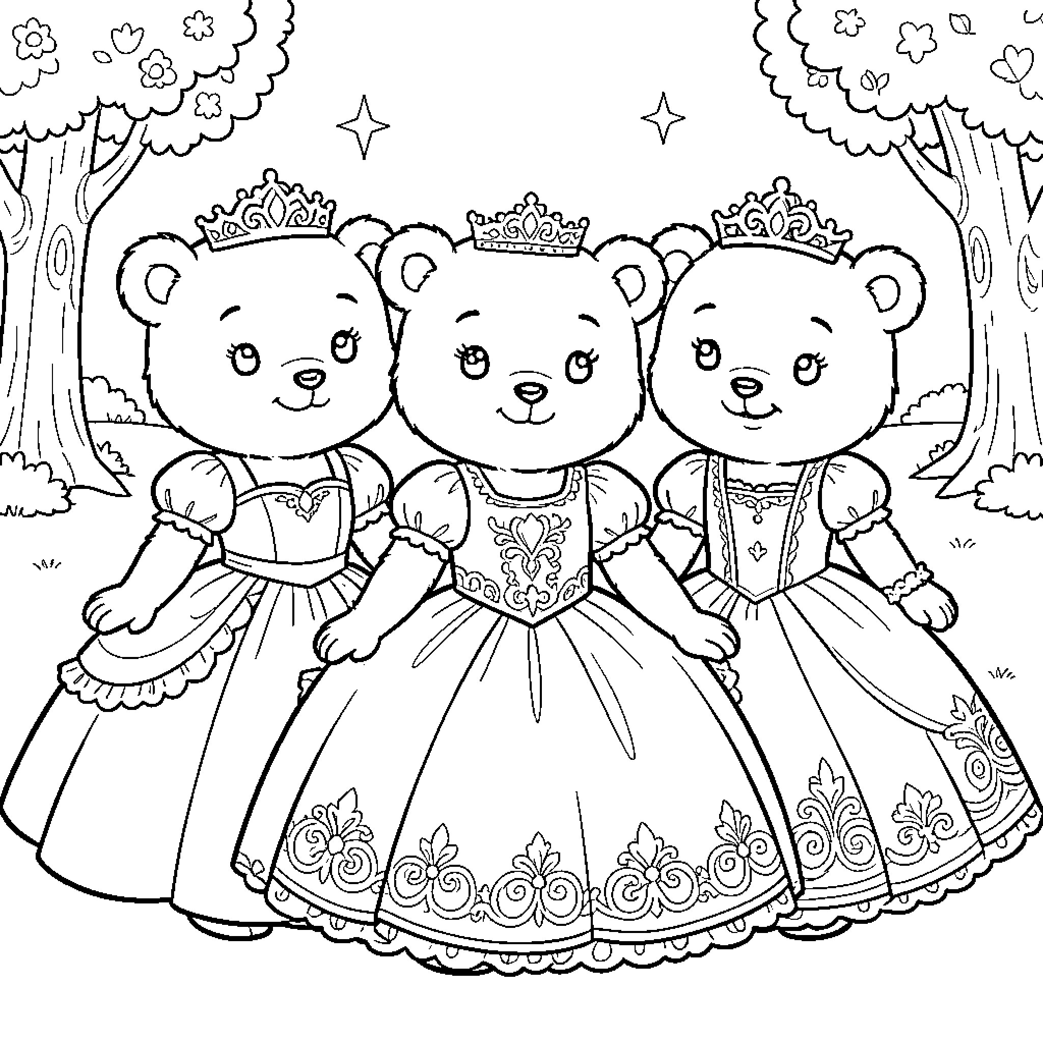 Oso Three Princesses in Fancy Dresses Coloring Page (free black-and-white line drawing printable PDF for all, from beginners to advanced learners, including children, teens, adults, and seniors)