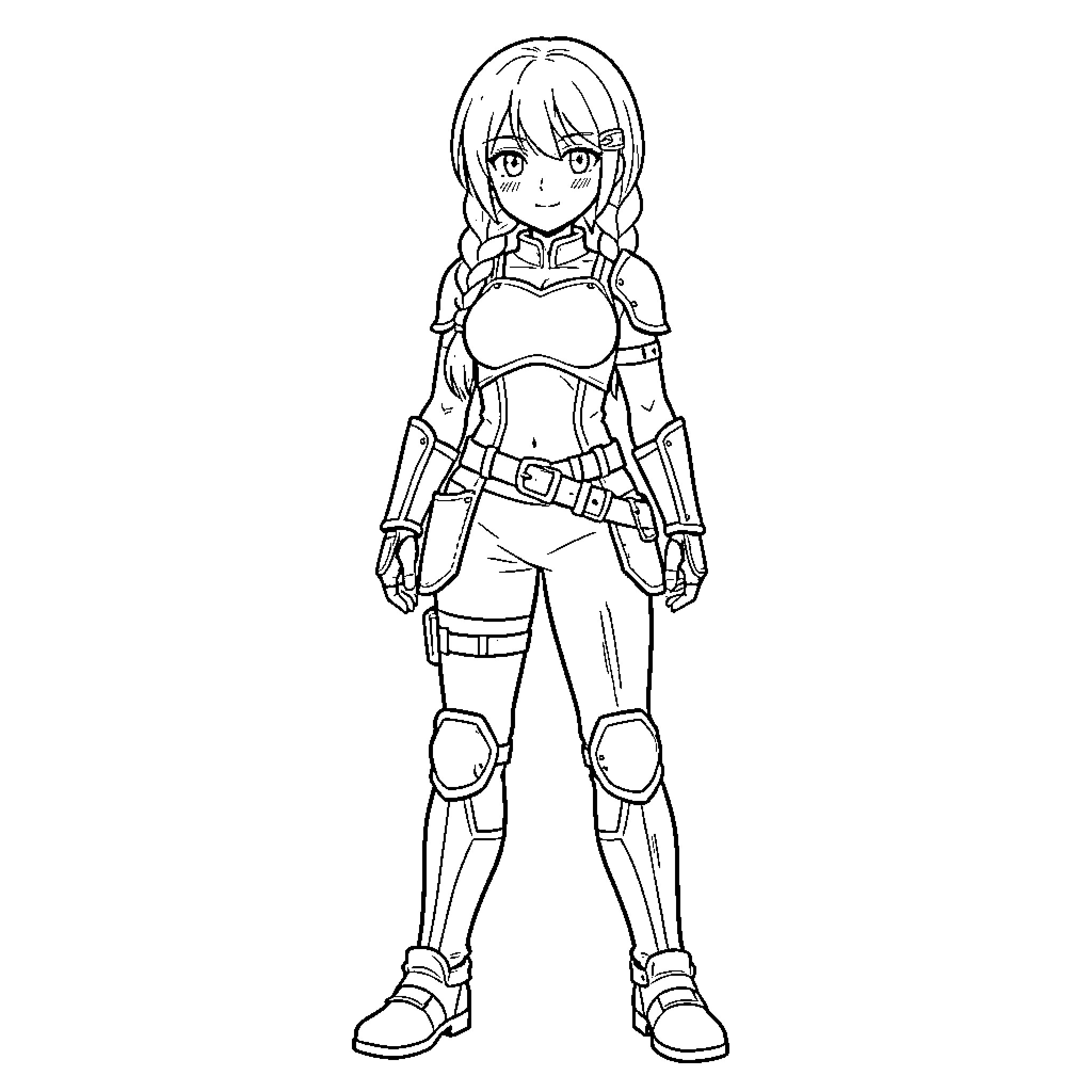 Anime Girl standing confidently in warrior armor Coloring Page (free black-and-white line drawing printable PDF for all, from beginners to advanced learners, including children, teens, adults, and seniors)