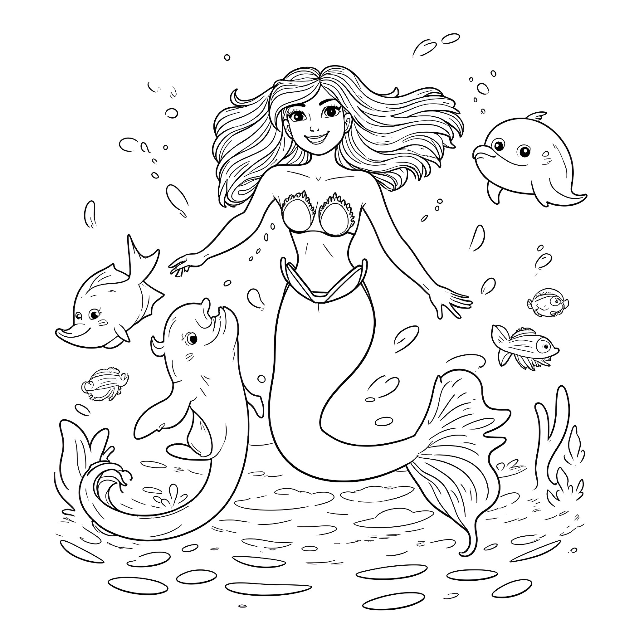Mermaid surrounded by playful sea creatures Coloring Page (free black-and-white line drawing printable PDF for all, from beginners to advanced learners, including children, teens, adults, and seniors)
