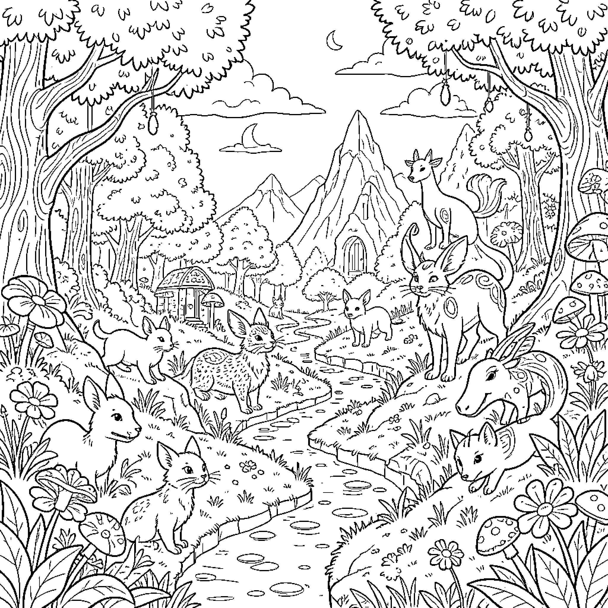 Fantasy Forest with Enchanted Animals and Whimsical Landscapes Coloring Page (free black-and-white line drawing printable PDF for all, from beginners to advanced learners, including children, teens, adults, and seniors)