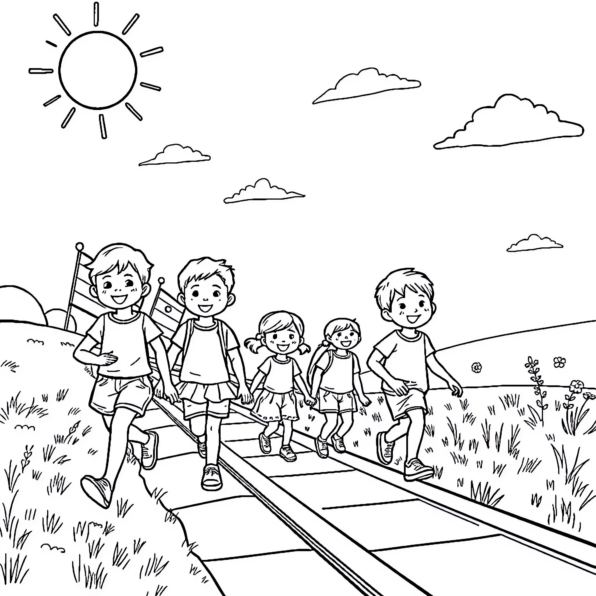 Kid friends exploring nature outdoor adventure Coloring Page (free black-and-white line drawing printable PDF for all, from beginners to advanced learners, including children, teens, adults, and seniors)