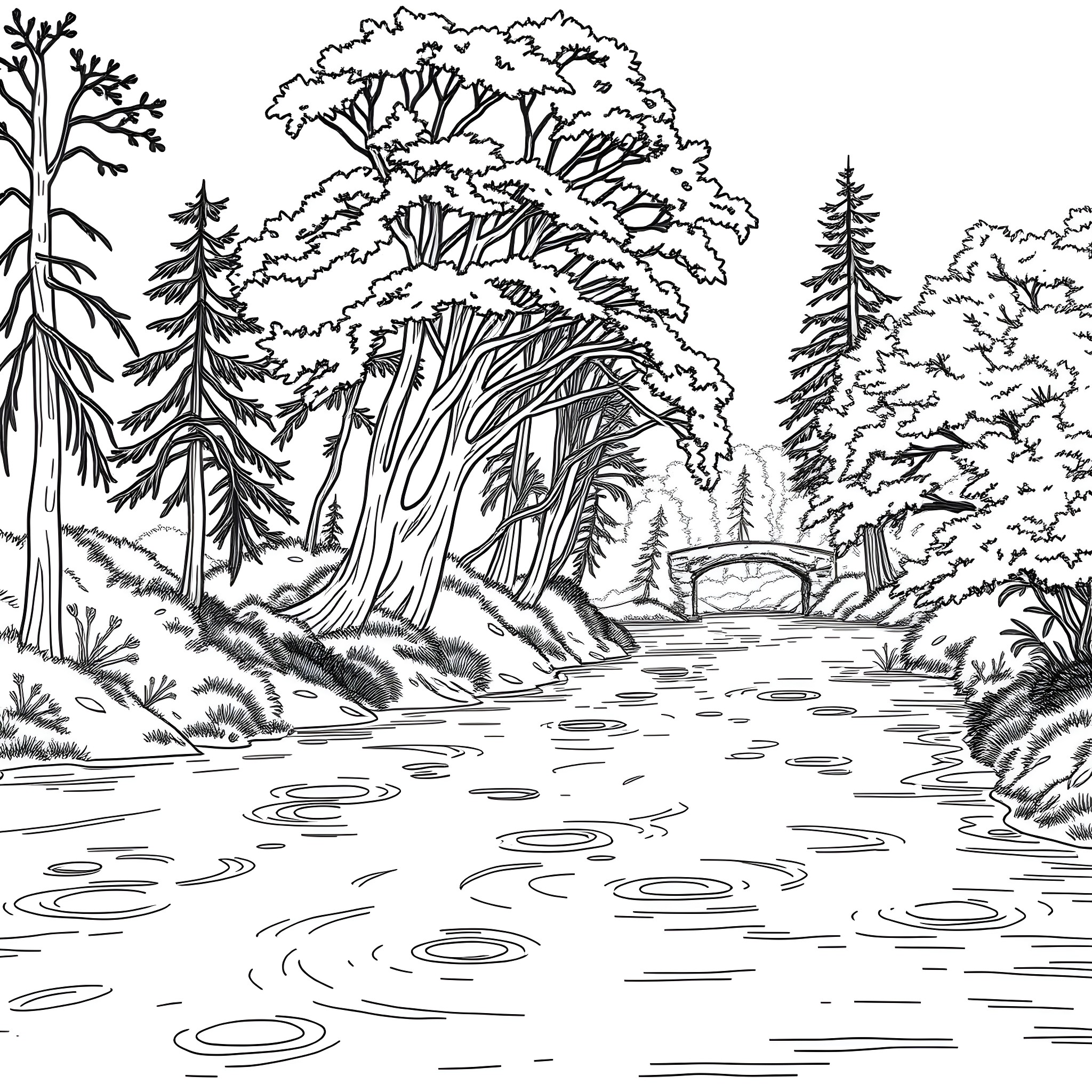 River in the Tranquil Forest Coloring Page (free black-and-white line drawing printable PDF for all, from beginners to advanced learners, including children, teens, adults, and seniors)