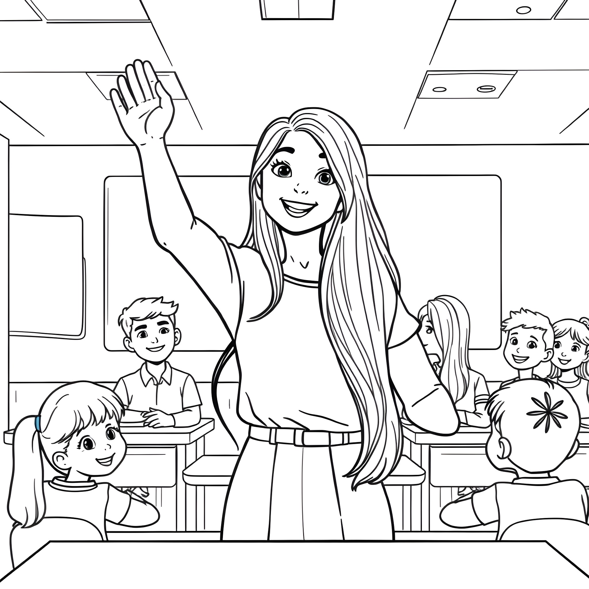 Teacher engaging with students in classroom Coloring Page (free black-and-white line drawing printable PDF for all, from beginners to advanced learners, including children, teens, adults, and seniors)