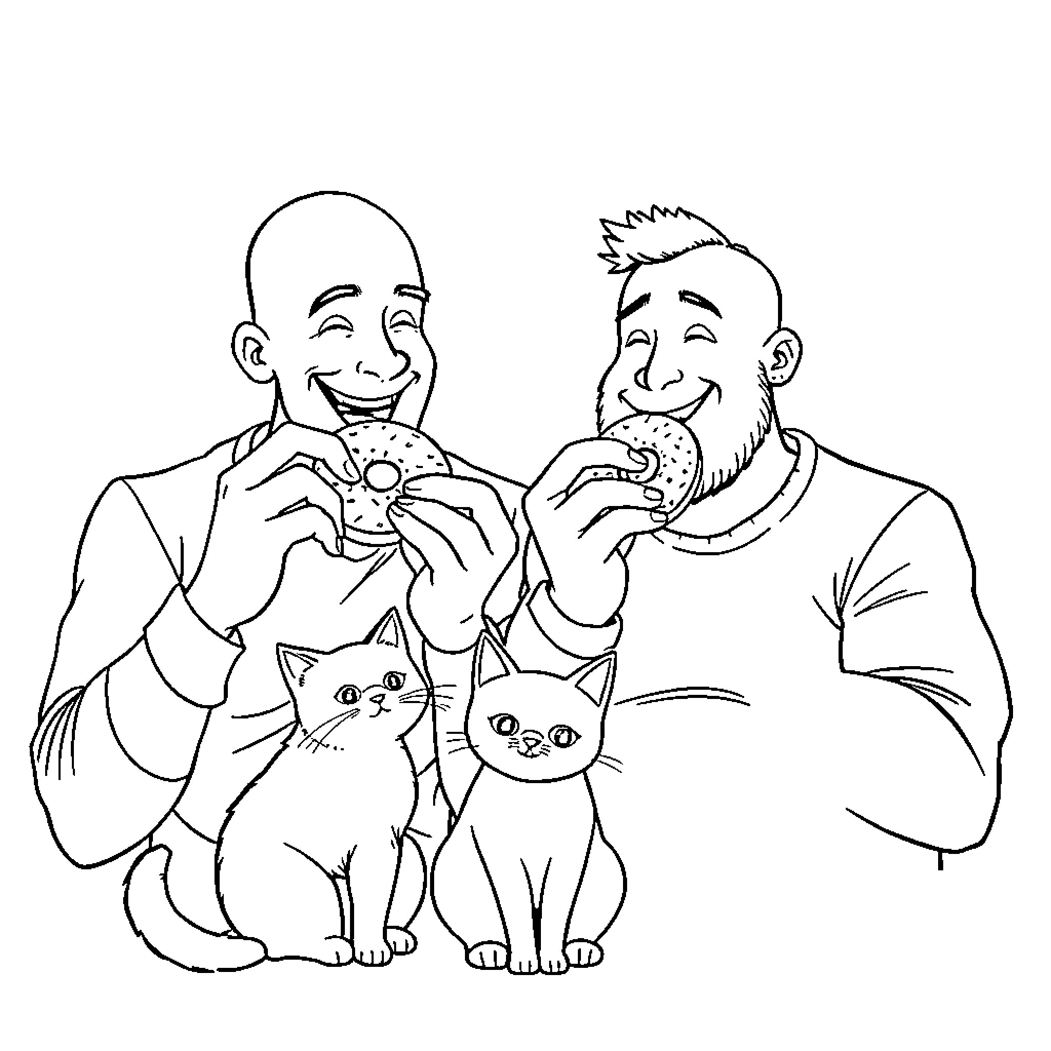 Man and friend embrace with pet cats Coloring Page (free black-and-white line drawing printable PDF for all, from beginners to advanced learners, including children, teens, adults, and seniors)