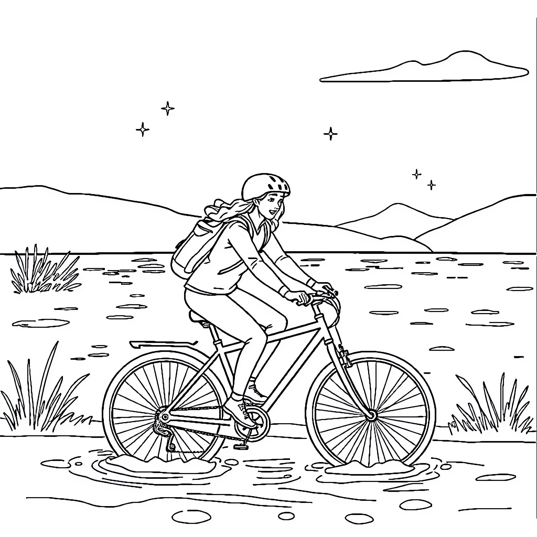 Băiat riding bicycle through scenic countryside Coloring Page (free black-and-white line drawing printable PDF for all, from beginners to advanced learners, including children, teens, adults, and seniors)
