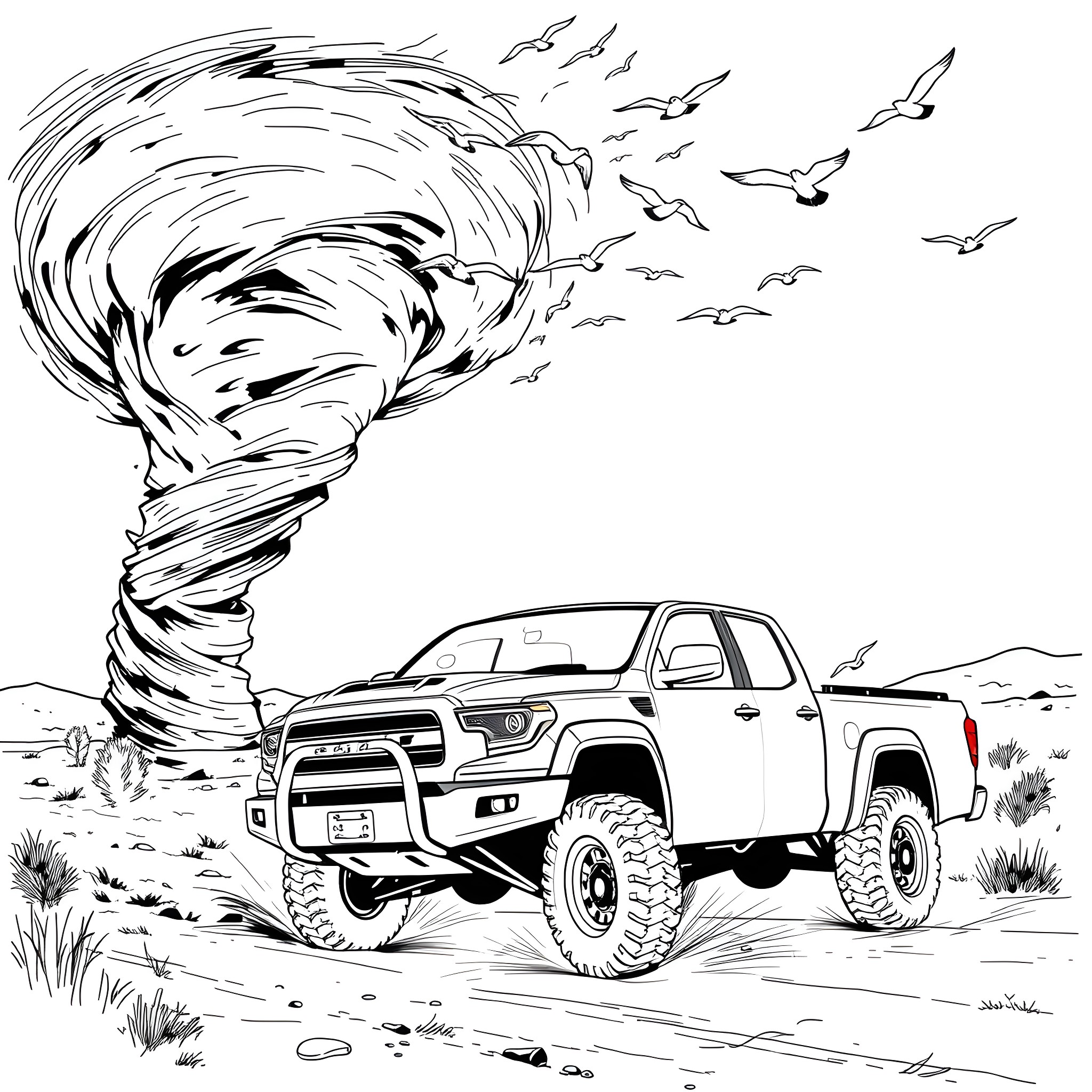 Bird caught in powerful tornado near off-road vehicle Coloring Page (free black-and-white line drawing printable PDF for all, from beginners to advanced learners, including children, teens, adults, and seniors)