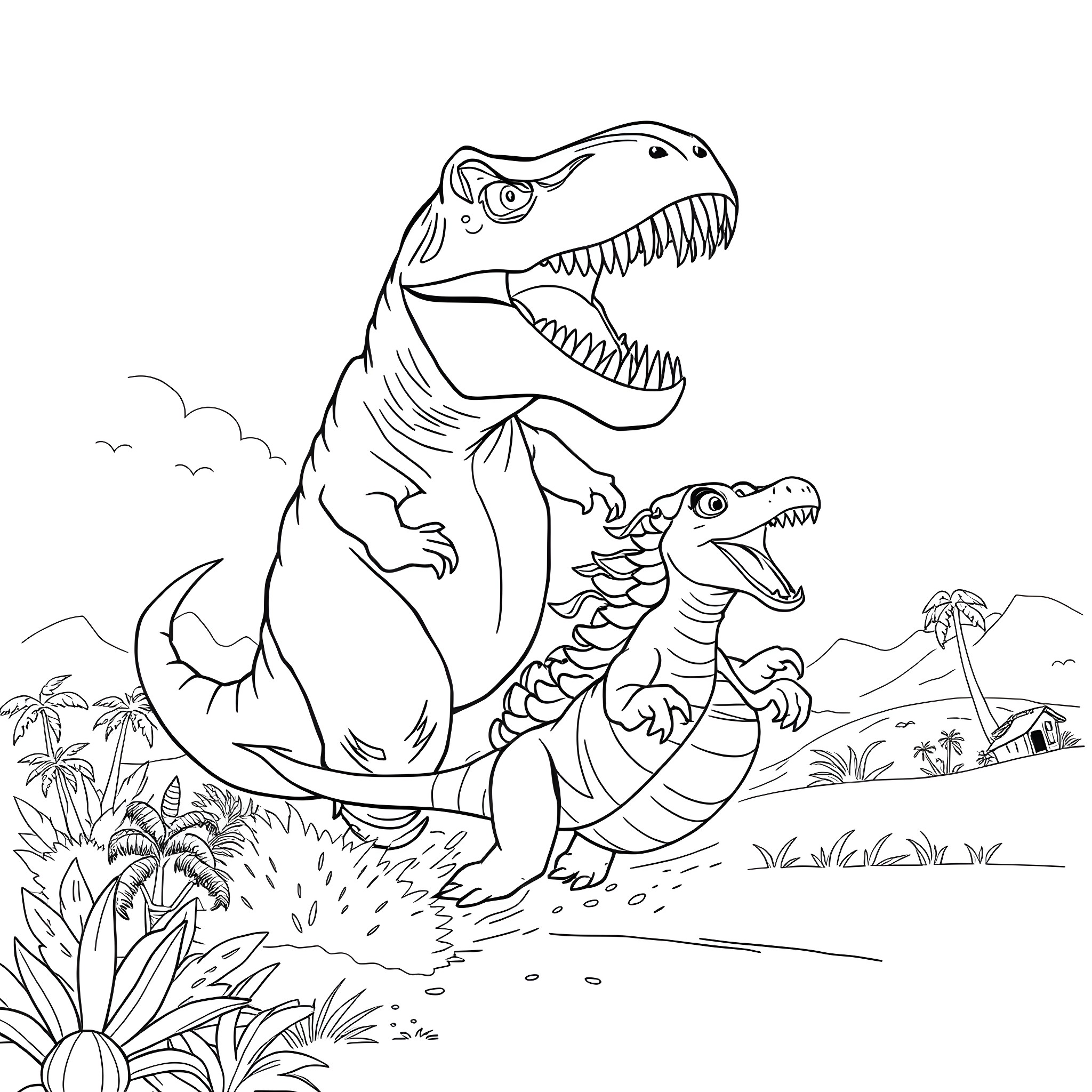 Trex Dinosaurs in a Prehistoric Landscape Coloring Page (free black-and-white line drawing printable PDF for all, from beginners to advanced learners, including children, teens, adults, and seniors)