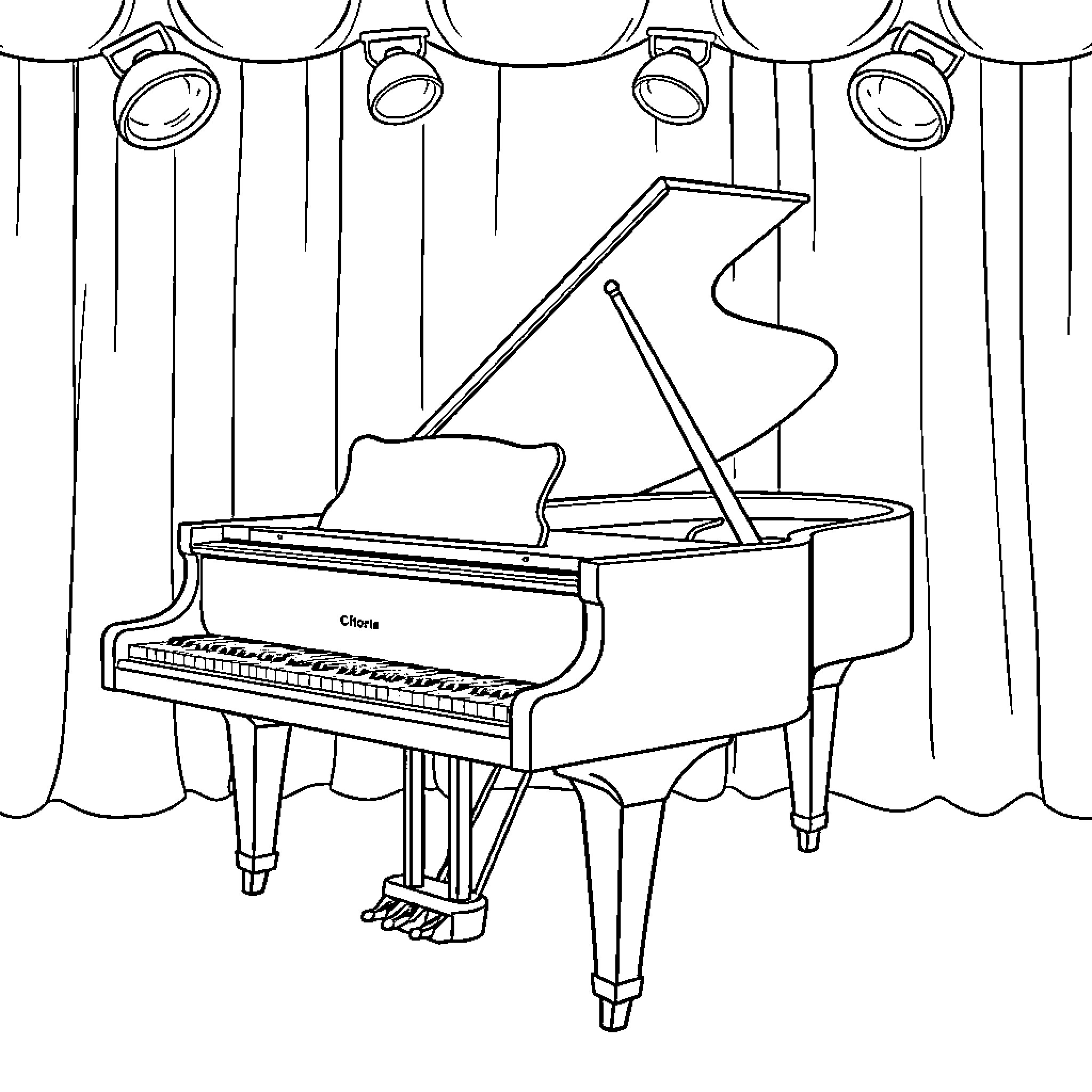 Piano on stage with spotlights Coloring Page (free black-and-white line drawing printable PDF for all, from beginners to advanced learners, including children, teens, adults, and seniors)
