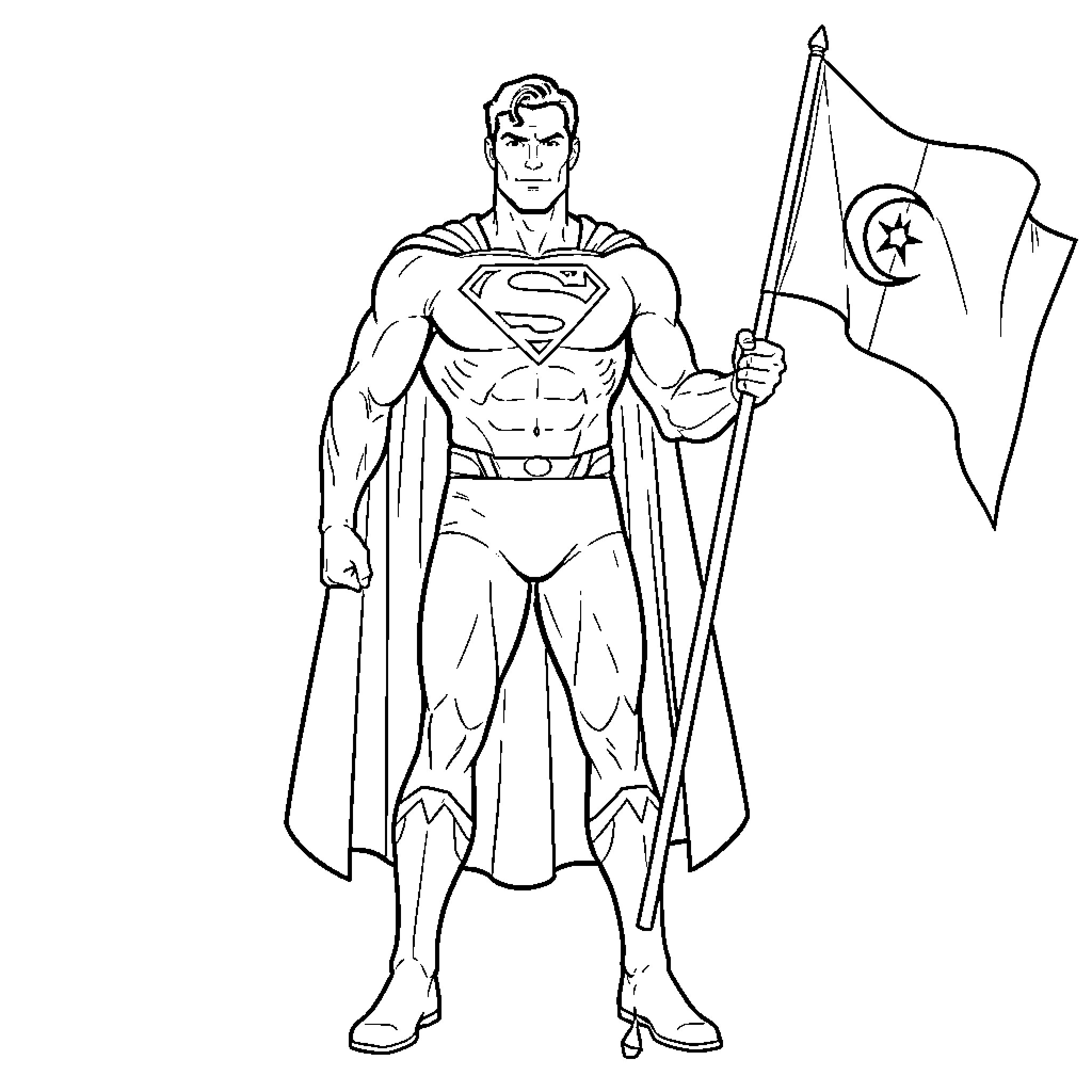 Superman standing heroically while holding a flag Coloring Page (free black-and-white line drawing printable PDF for all, from beginners to advanced learners, including children, teens, adults, and seniors)