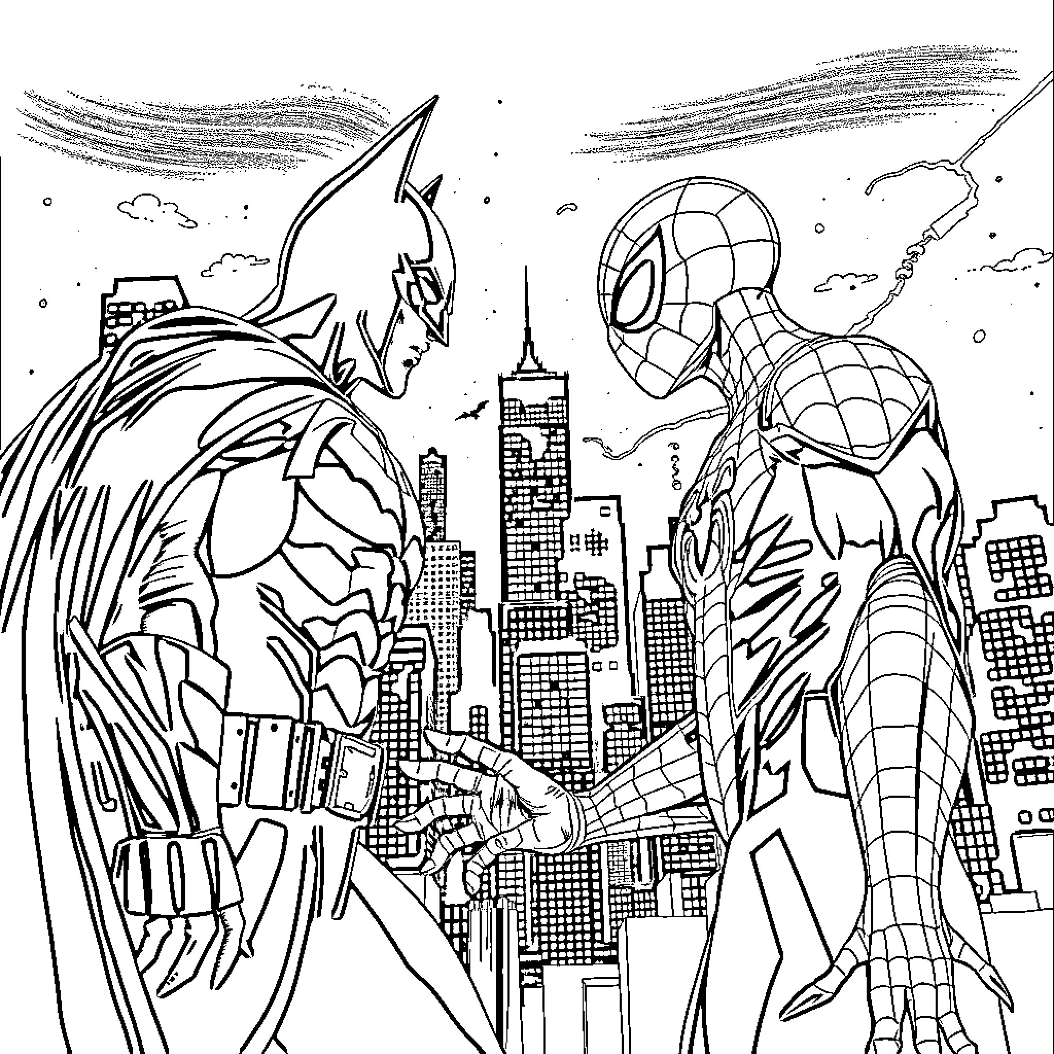 Batman and Spider-Man Battling in the City Coloring Page (free black-and-white line drawing printable PDF for all, from beginners to advanced learners, including children, teens, adults, and seniors)