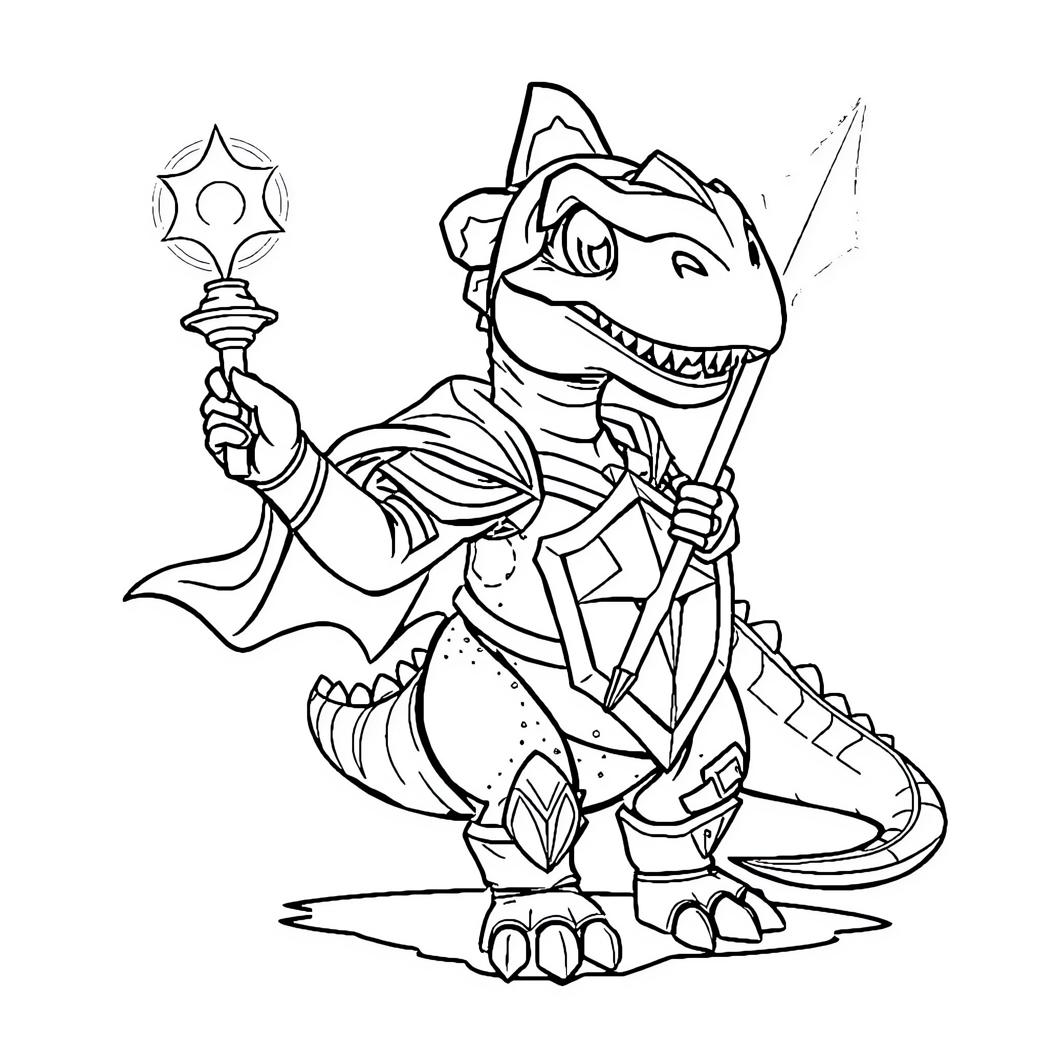 Paladinosaur wielding magical staff on adventure Coloring Page (free black-and-white line drawing printable PDF for all, from beginners to advanced learners, including children, teens, adults, and seniors)