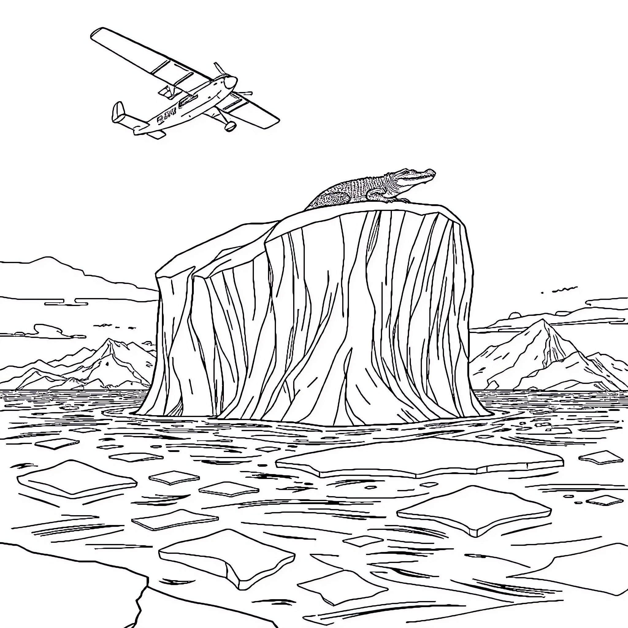 Titanic shipwreck in icy waters with aircraft Coloring Page (free black-and-white line drawing printable PDF for all, from beginners to advanced learners, including children, teens, adults, and seniors)