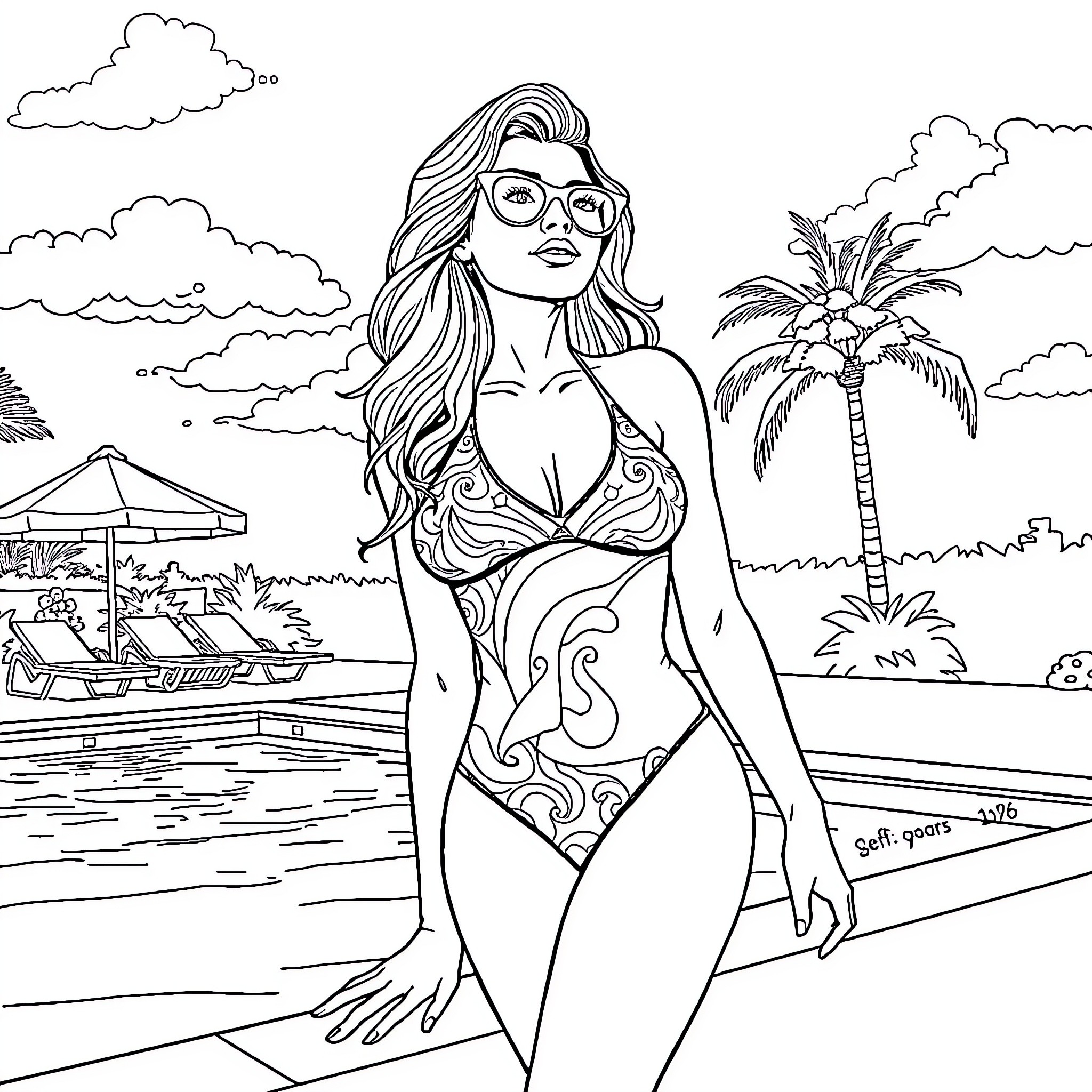 Girl in Stylish Swimsuit by the Pool Coloring Page (free black-and-white line drawing printable PDF for all, from beginners to advanced learners, including children, teens, adults, and seniors)