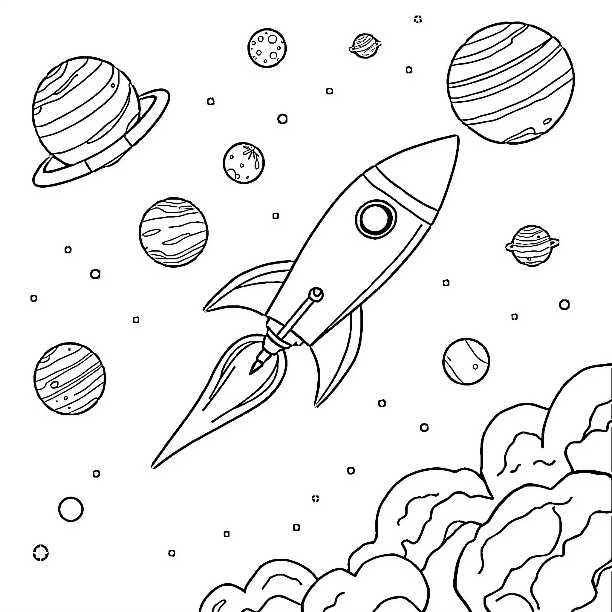 Rocket blasting off into the cosmic space Coloring Page (free black-and-white line drawing printable PDF for all, from beginners to advanced learners, including children, teens, adults, and seniors)