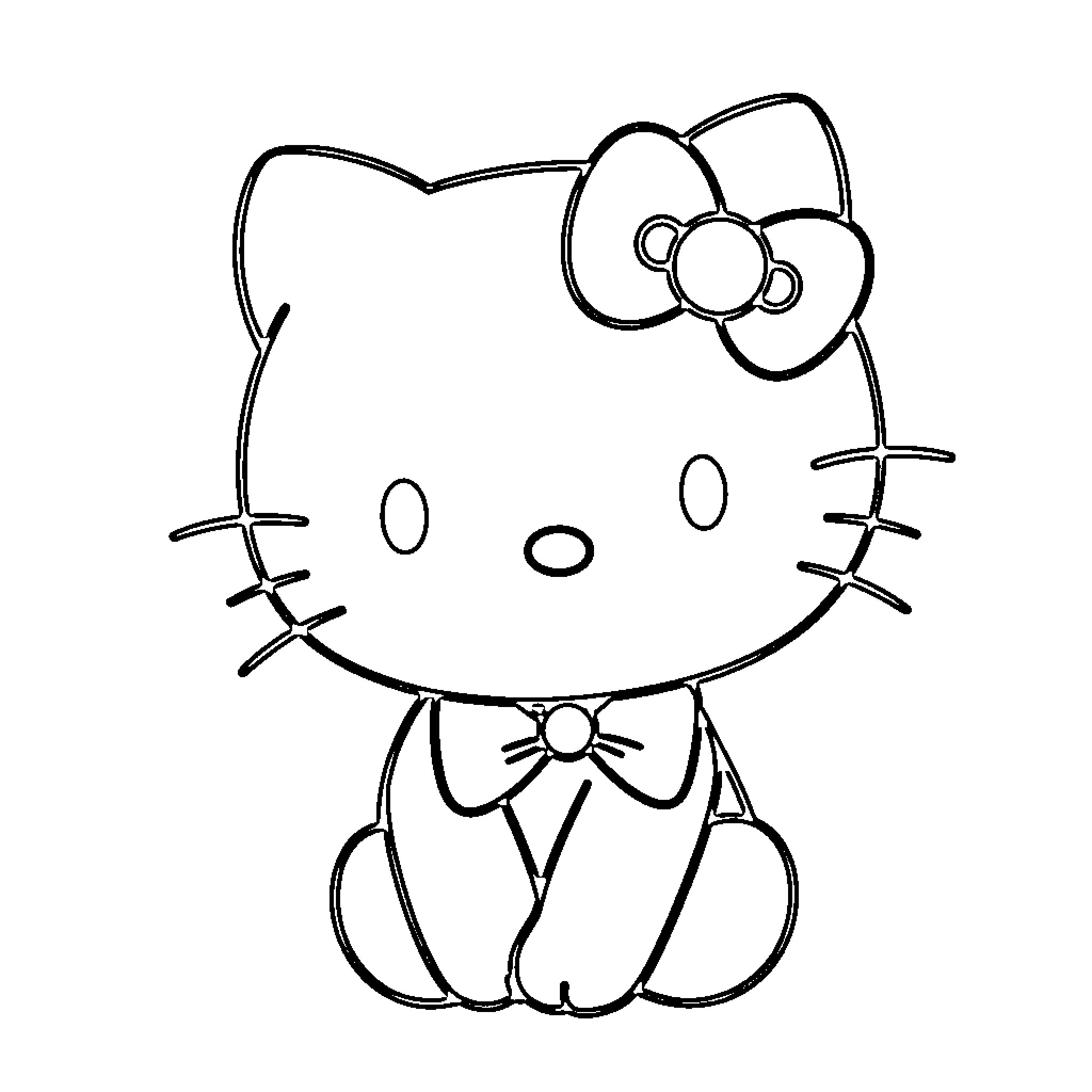Hello Kitty sitting patiently Coloring Page (free black-and-white line drawing printable PDF for all, from beginners to advanced learners, including children, teens, adults, and seniors)