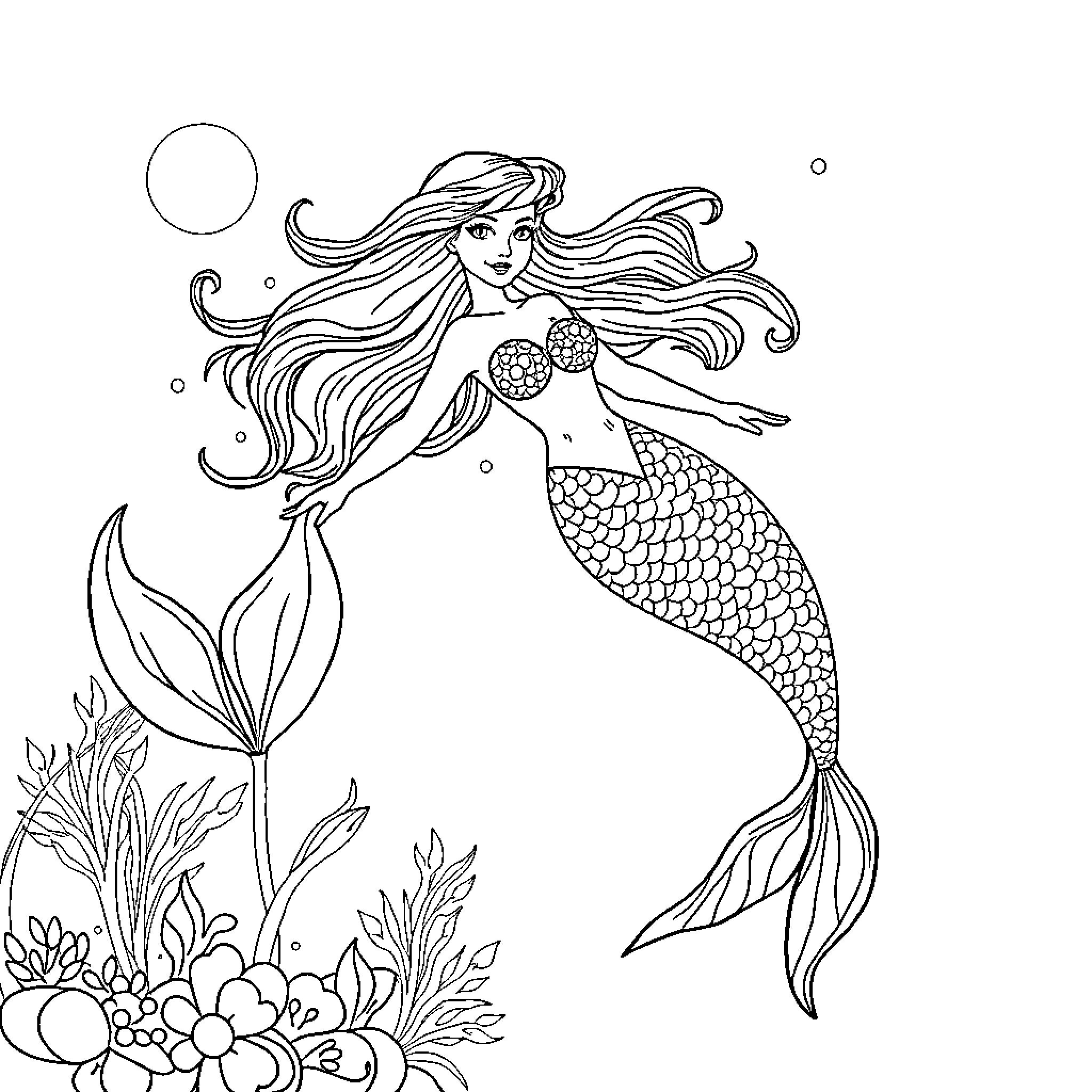 Mermaid swimming gracefully with flowery underwater scene Coloring Page (free black-and-white line drawing printable PDF for all, from beginners to advanced learners, including children, teens, adults, and seniors)
