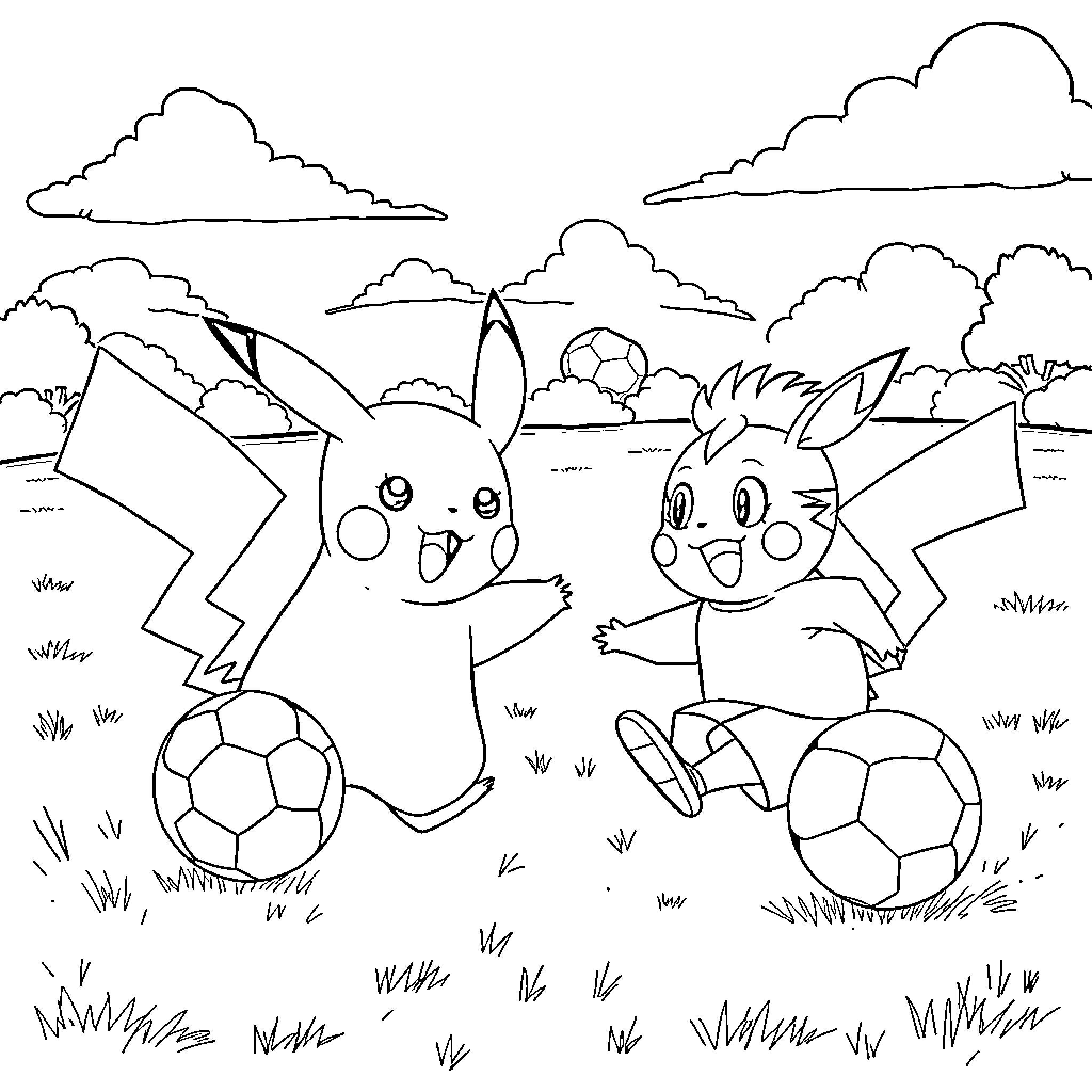 Pikachu and friends playing soccer in the park Coloring Page (free black-and-white line drawing printable PDF for all, from beginners to advanced learners, including children, teens, adults, and seniors)