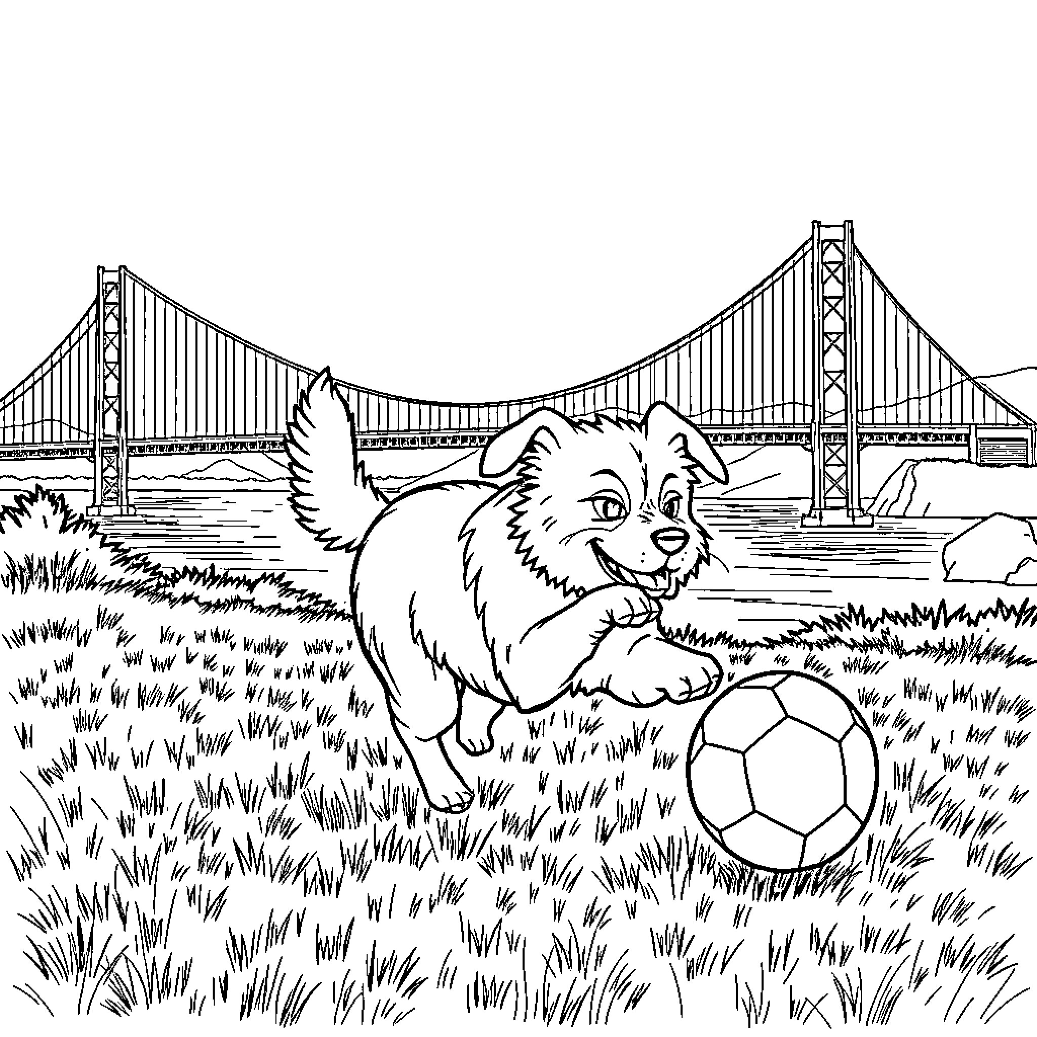 Dog playing with a soccer ball near a bridge Coloring Page (free black-and-white line drawing printable PDF for all, from beginners to advanced learners, including children, teens, adults, and seniors)