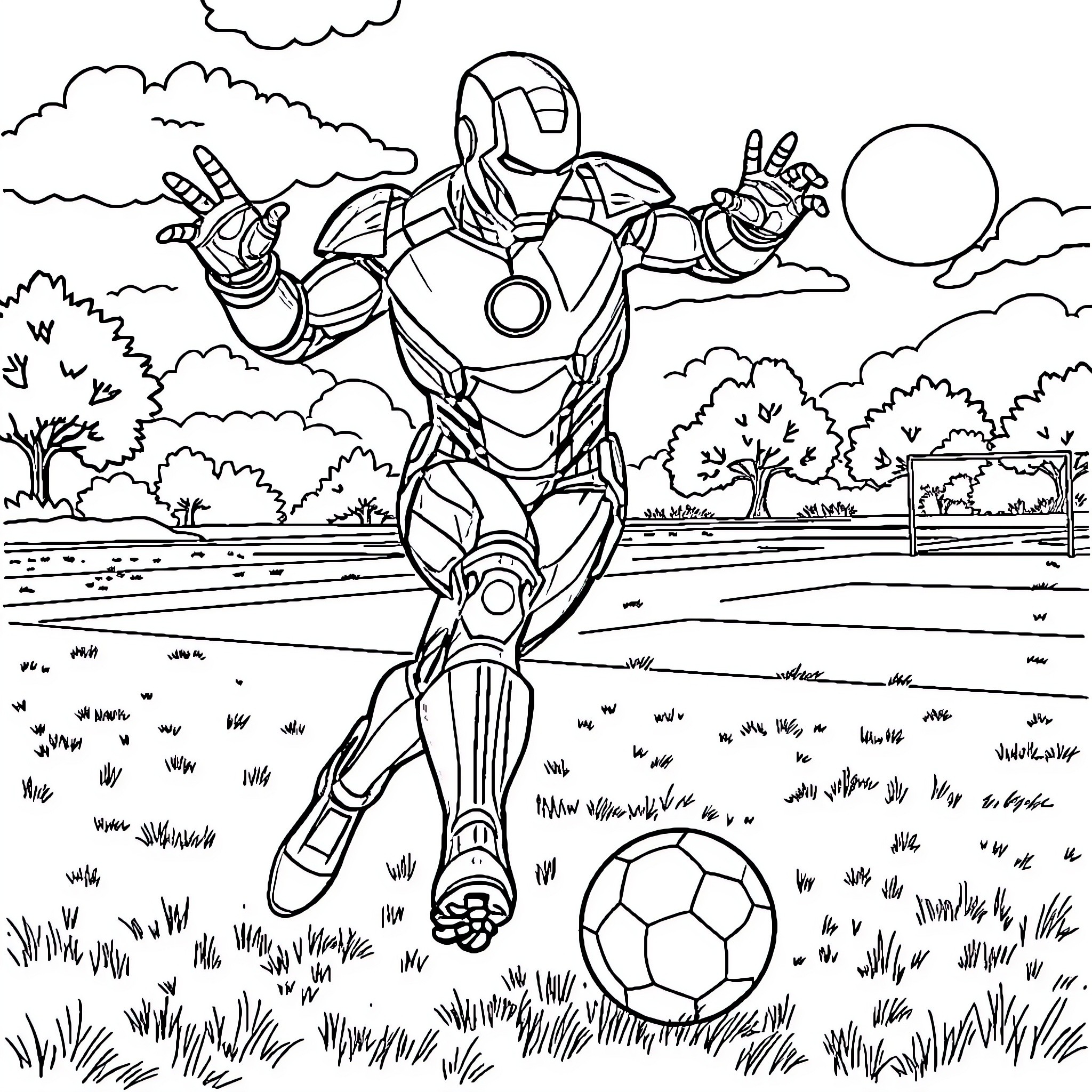 Ironman playing soccer in the park Coloring Page (free black-and-white line drawing printable PDF for all, from beginners to advanced learners, including children, teens, adults, and seniors)
