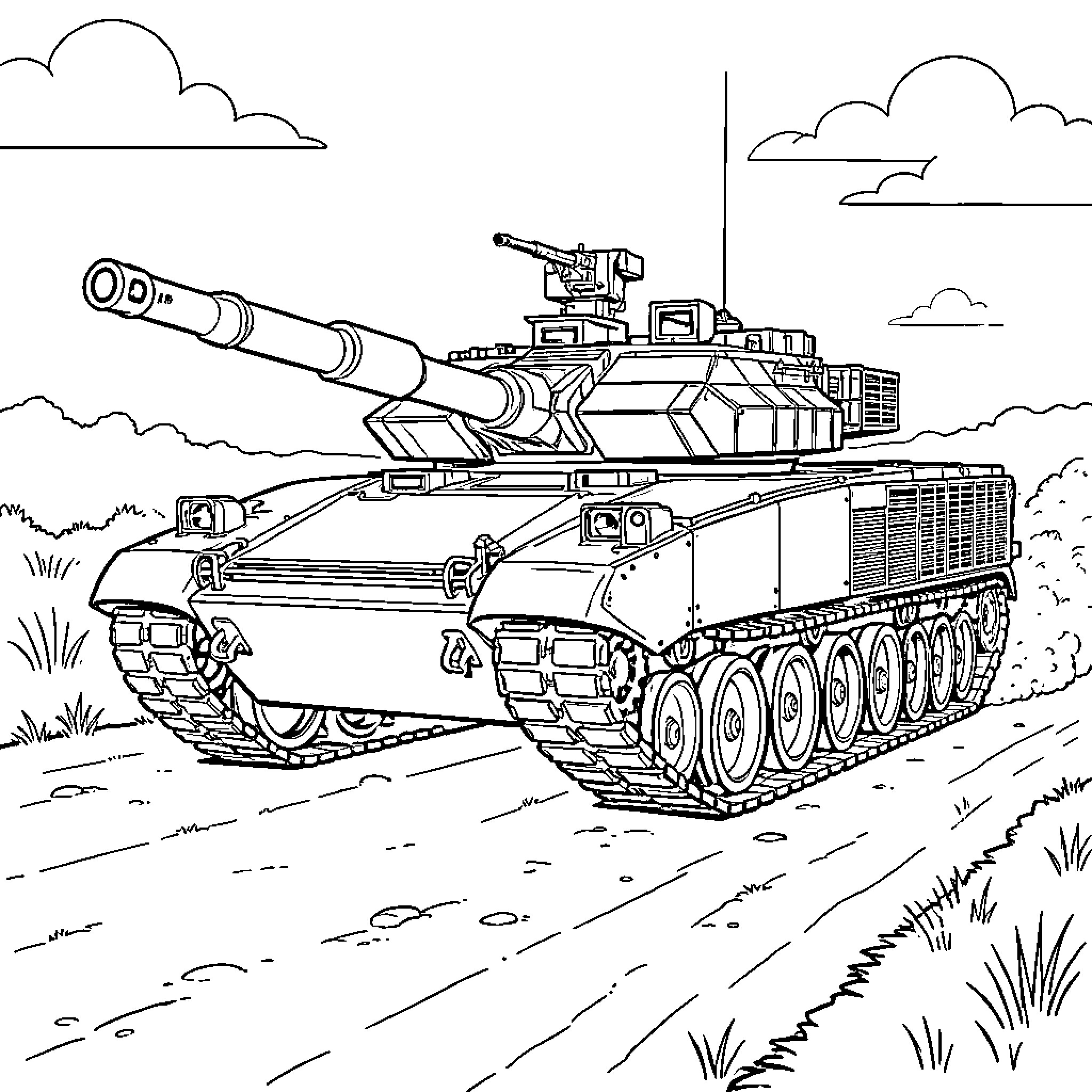 M1 Abrams Tank driving along a dirt path Coloring Page (free black-and-white line drawing printable PDF for all, from beginners to advanced learners, including children, teens, adults, and seniors)