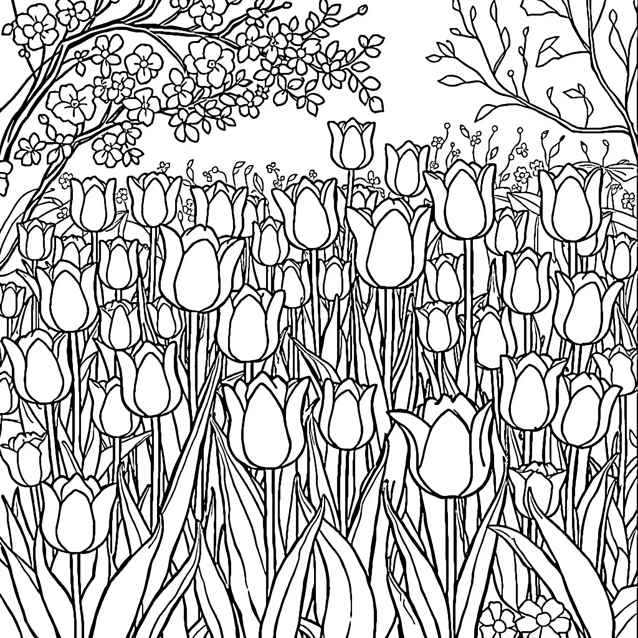 Tulip Garden Blossoms in Spring Coloring Page (free black-and-white line drawing printable PDF for all, from beginners to advanced learners, including children, teens, adults, and seniors)