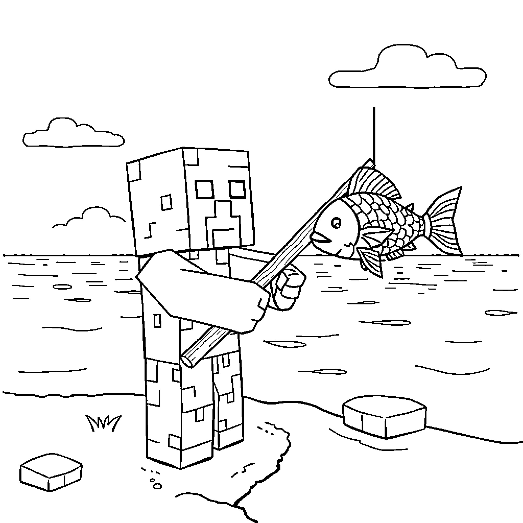 Creeper Fishing with Giant Fish in the Sea Coloring Page (free black-and-white line drawing printable PDF for all, from beginners to advanced learners, including children, teens, adults, and seniors)