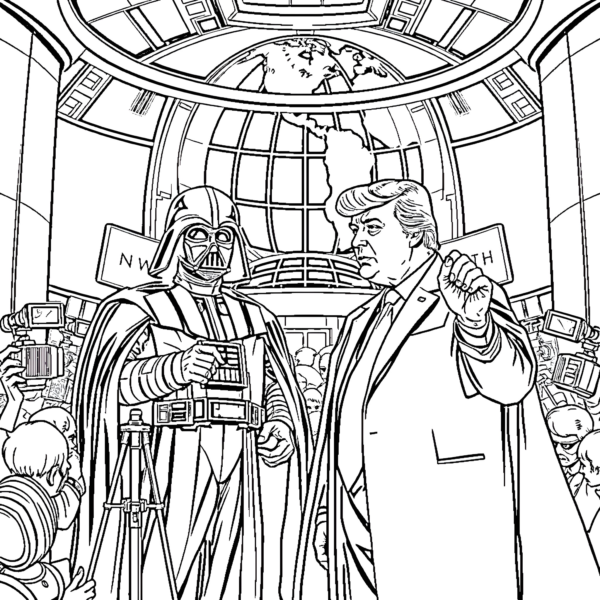 Darth Vader confronts political leader in futuristic setting Coloring Page (free black-and-white line drawing printable PDF for all, from beginners to advanced learners, including children, teens, adults, and seniors)