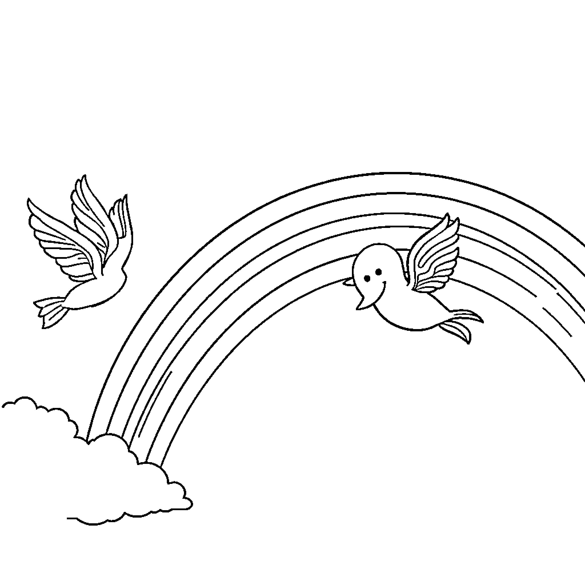 Rainbow Friend playing joyfully with birds in the sky Coloring Page (free black-and-white line drawing printable PDF for all, from beginners to advanced learners, including children, teens, adults, and seniors)