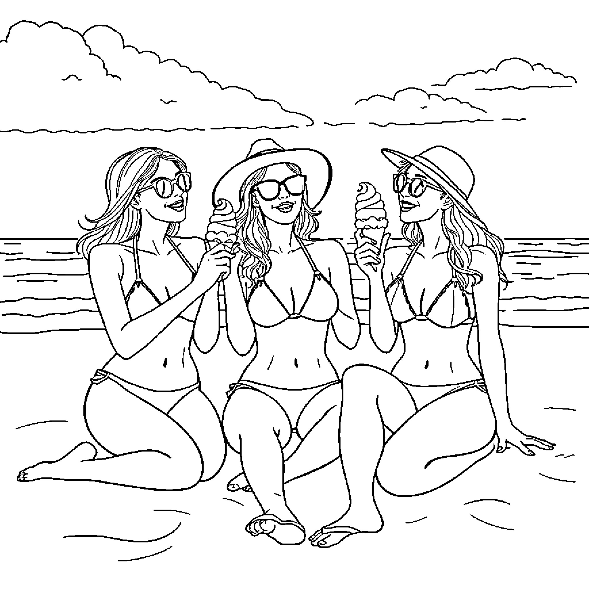 Women enjoying ice cream on the beach Coloring Page (free black-and-white line drawing printable PDF for all, from beginners to advanced learners, including children, teens, adults, and seniors)