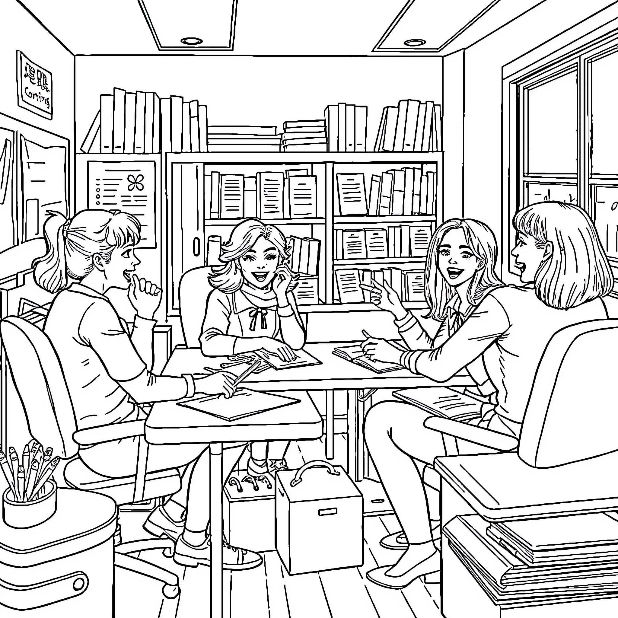 Teacher guiding students in classroom discussion Coloring Page (free black-and-white line drawing printable PDF for all, from beginners to advanced learners, including children, teens, adults, and seniors)