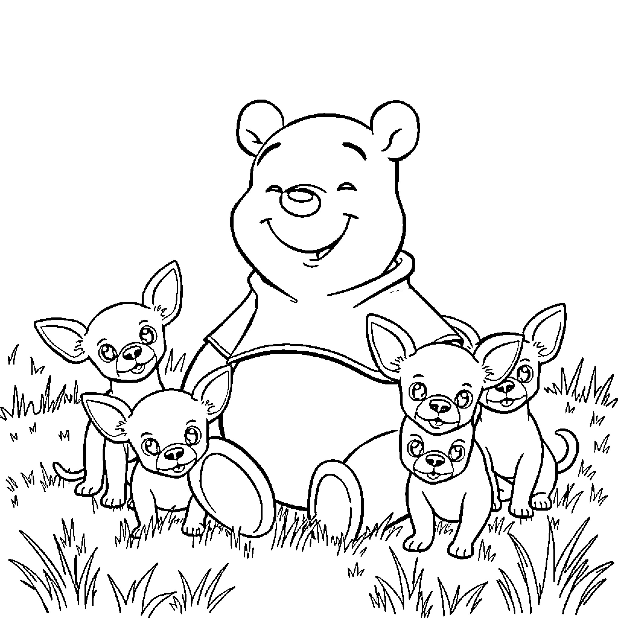 Pooh Bear surrounded by cheerful puppies in meadow Coloring Page (free black-and-white line drawing printable PDF for all, from beginners to advanced learners, including children, teens, adults, and seniors)