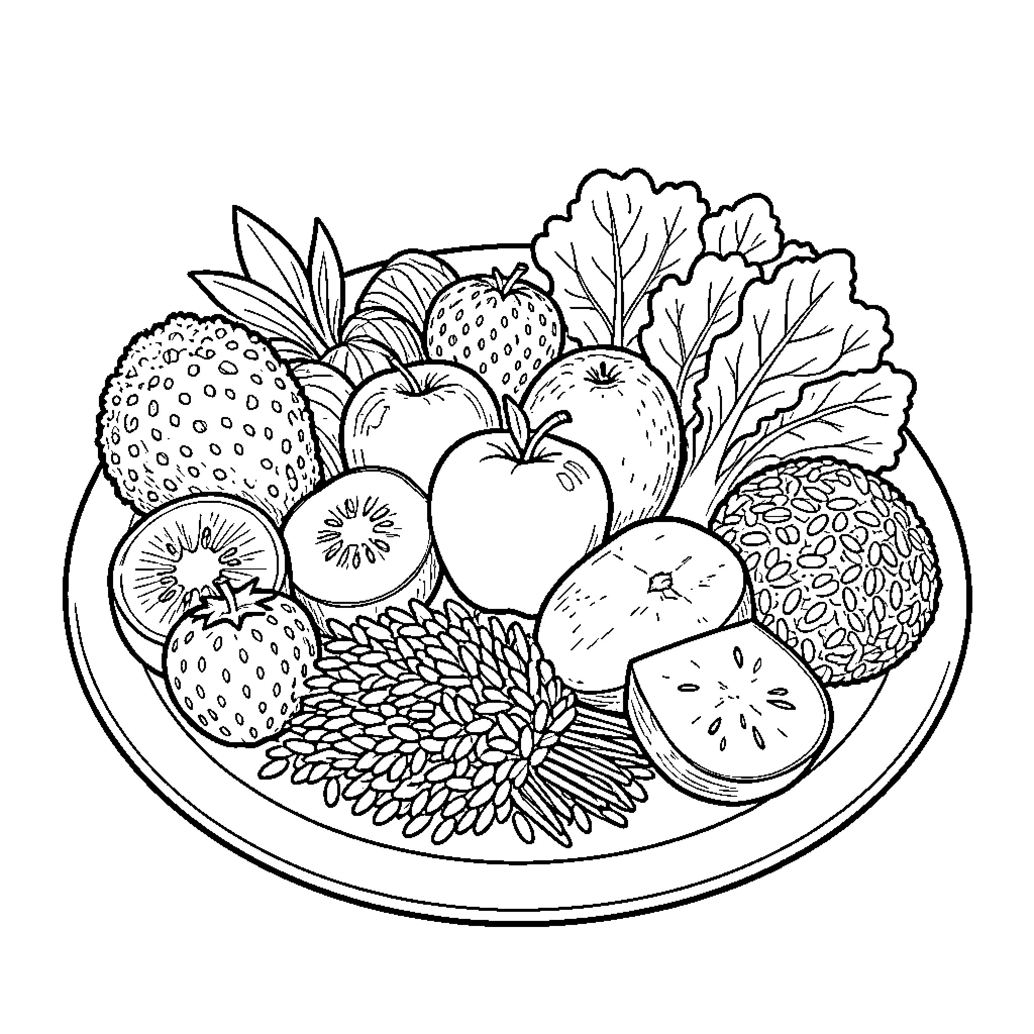Food assortment of various fruits arranged on a plate Coloring Page (free black-and-white line drawing printable PDF for all, from beginners to advanced learners, including children, teens, adults, and seniors)
