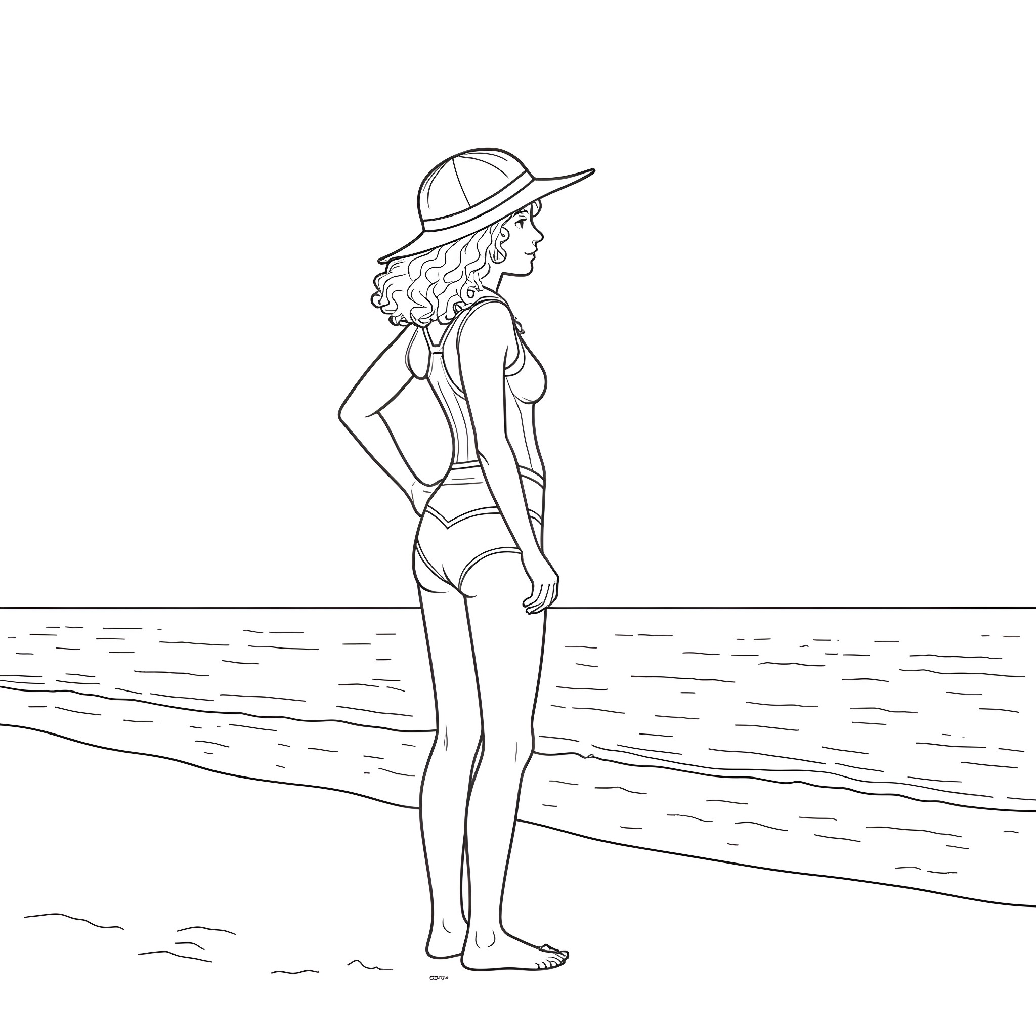 Lifeguard standing vigilantly on the beach Coloring Page (free black-and-white line drawing printable PDF for all, from beginners to advanced learners, including children, teens, adults, and seniors)