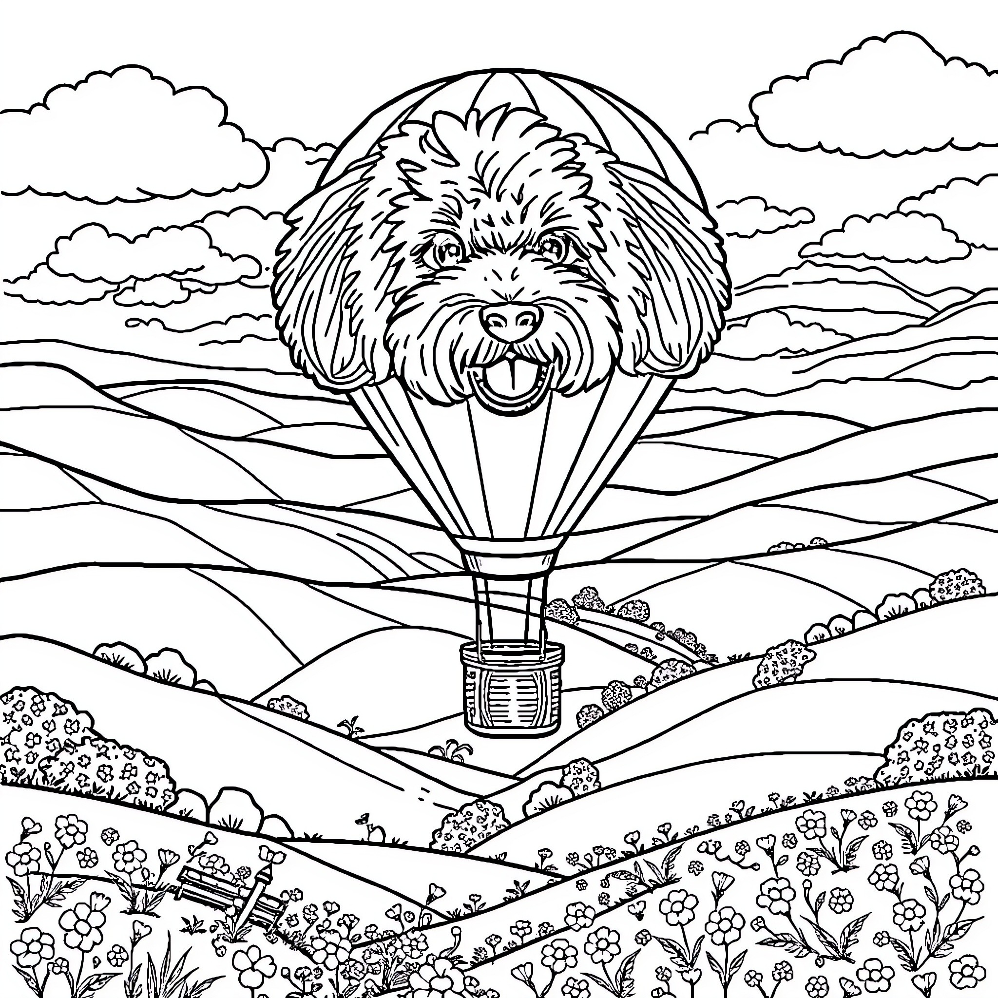 Hot Air Balloon Soaring Over Scenic Countryside Coloring Page (free black-and-white line drawing printable PDF for all, from beginners to advanced learners, including children, teens, adults, and seniors)