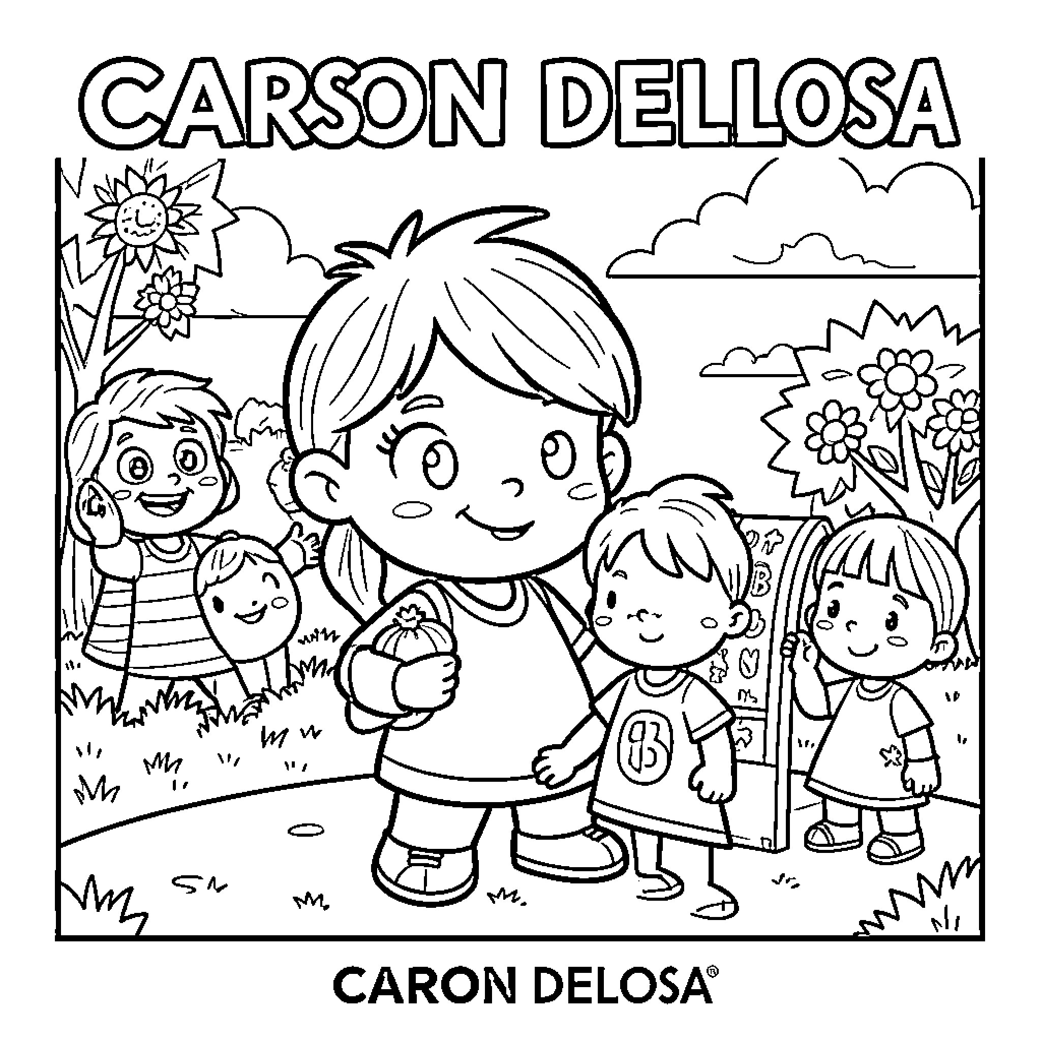 Carson Dellosa children playing together in a garden Coloring Page (free black-and-white line drawing printable PDF for all, from beginners to advanced learners, including children, teens, adults, and seniors)