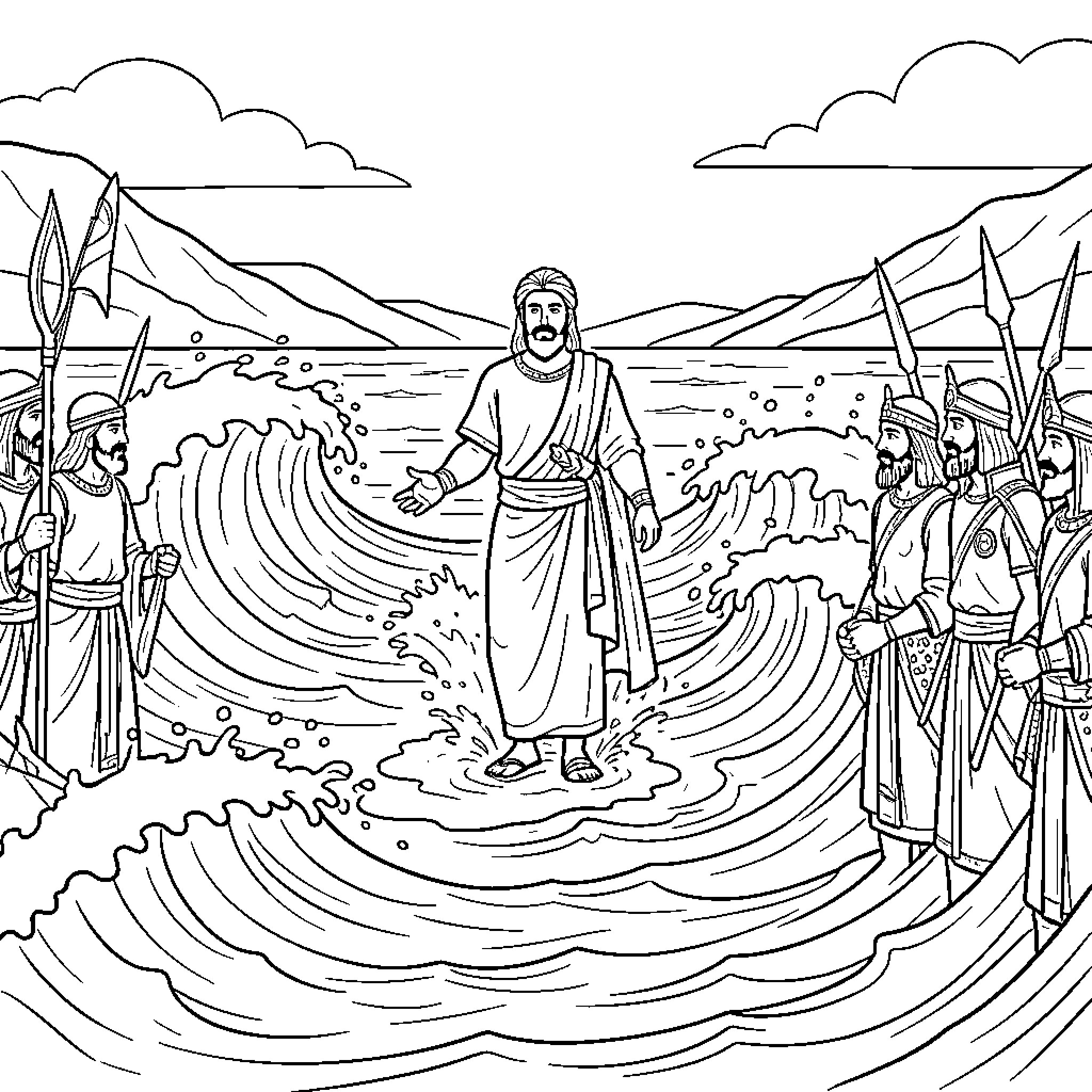 God parting the sea for a group of people Coloring Page (free black-and-white line drawing printable PDF for all, from beginners to advanced learners, including children, teens, adults, and seniors)