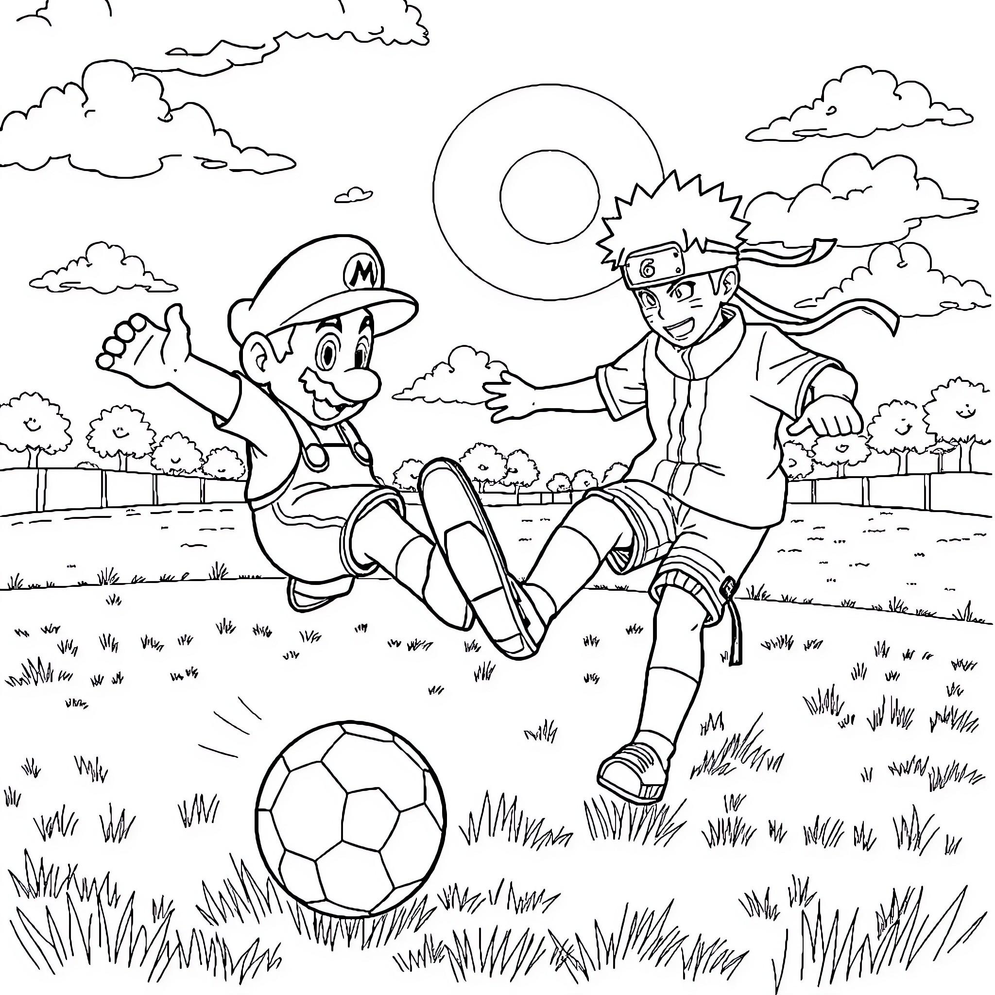 Mario Playing Soccer with Friend in Outdoor Field Coloring Page (free black-and-white line drawing printable PDF for all, from beginners to advanced learners, including children, teens, adults, and seniors)