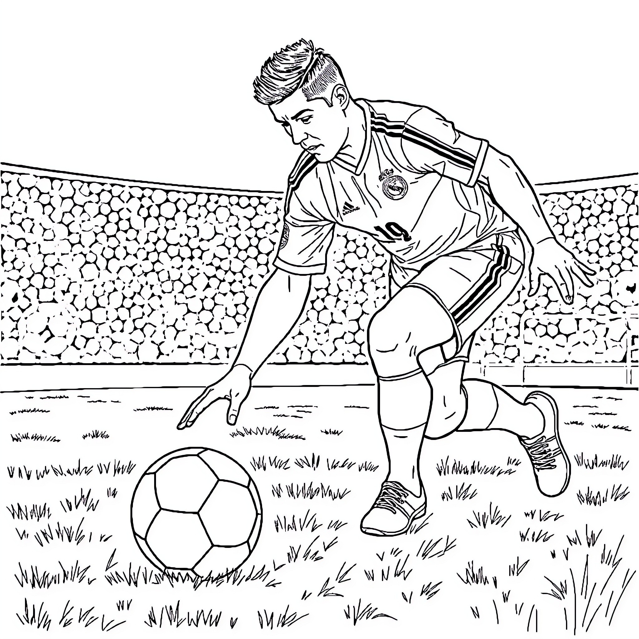 Ronaldo playing soccer on the field Coloring Page (free black-and-white line drawing printable PDF for all, from beginners to advanced learners, including children, teens, adults, and seniors)