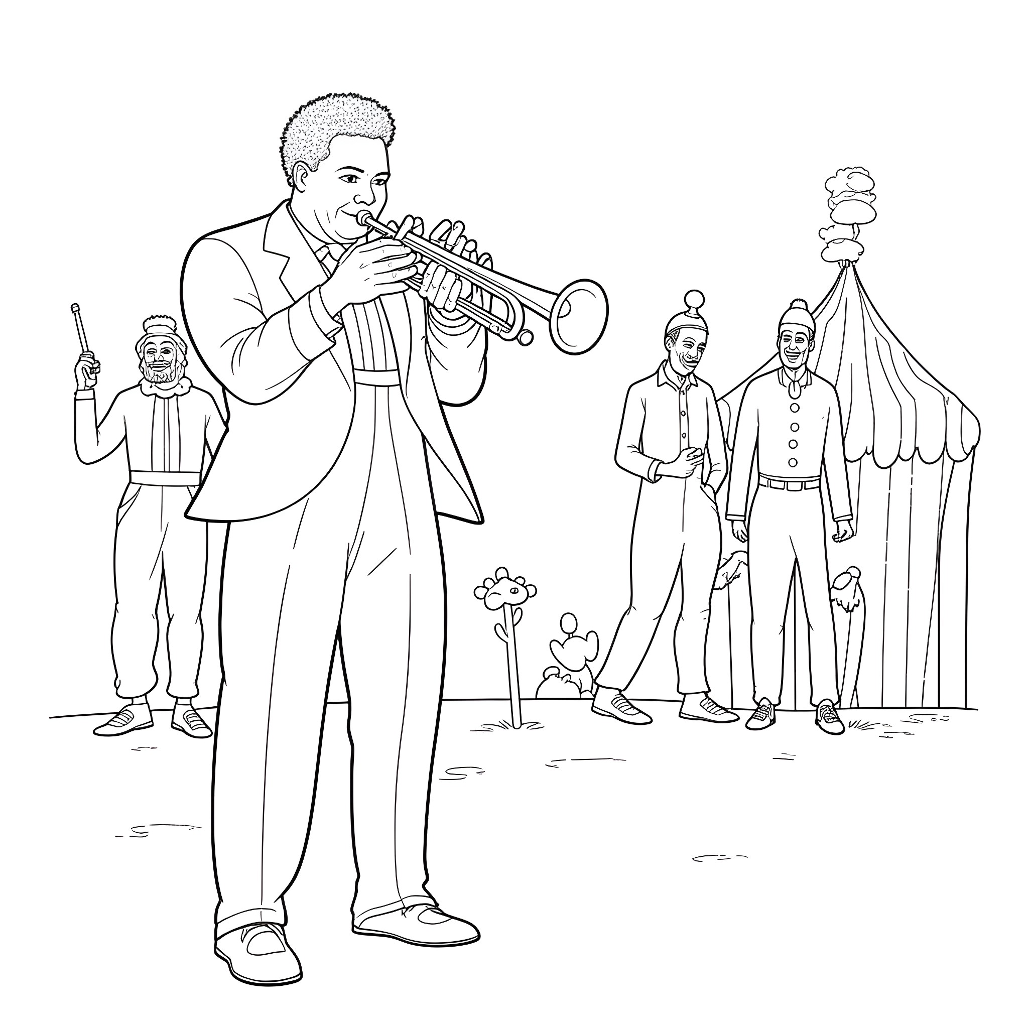 Miles Davis playing trumpet at festival with performers Coloring Page (free black-and-white line drawing printable PDF for all, from beginners to advanced learners, including children, teens, adults, and seniors)