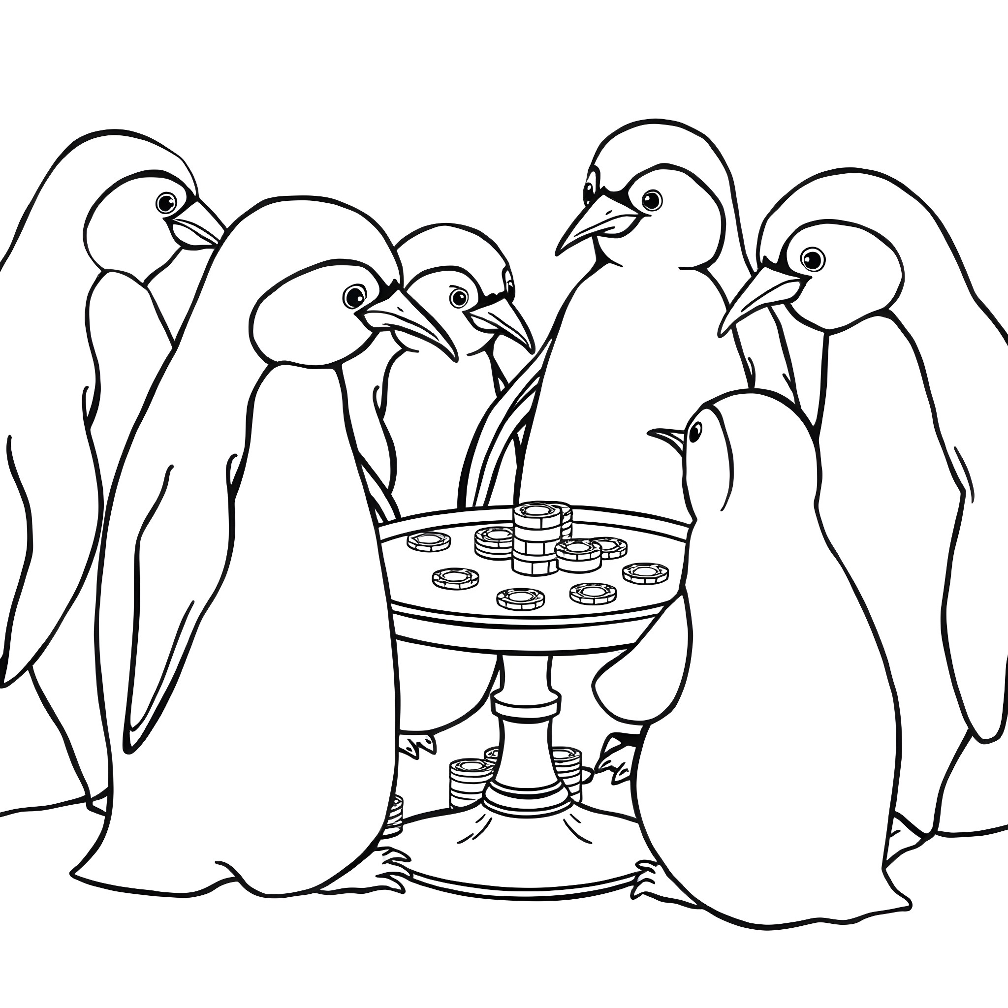 Penguins Gathered Around a Feeding Station Coloring Page (free black-and-white line drawing printable PDF for all, from beginners to advanced learners, including children, teens, adults, and seniors)
