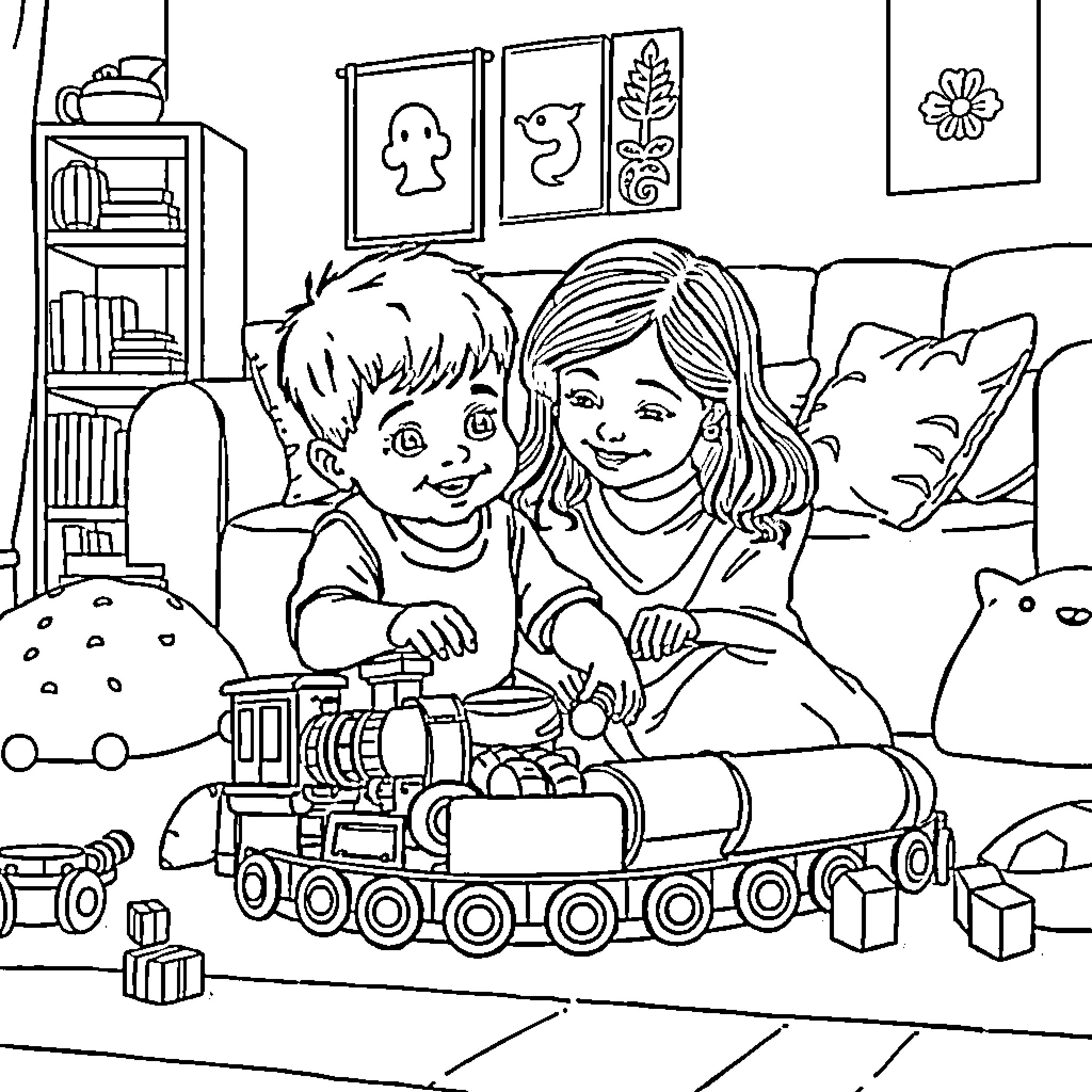 Boy and girl playing with toy train Coloring Page (free black-and-white line drawing printable PDF for all, from beginners to advanced learners, including children, teens, adults, and seniors)