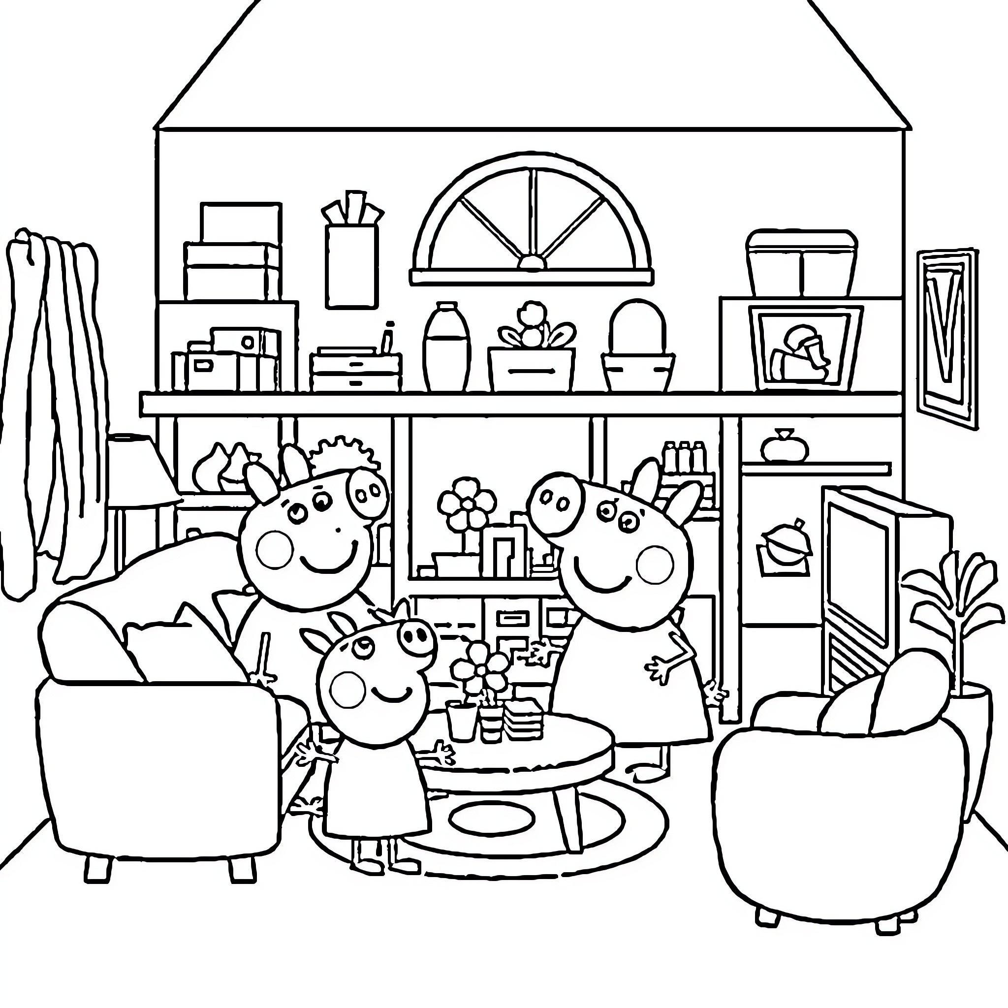 Gabby Dollhouse - Family Playtime in Cozy Room Coloring Page (free black-and-white line drawing printable PDF for all, from beginners to advanced learners, including children, teens, adults, and seniors)